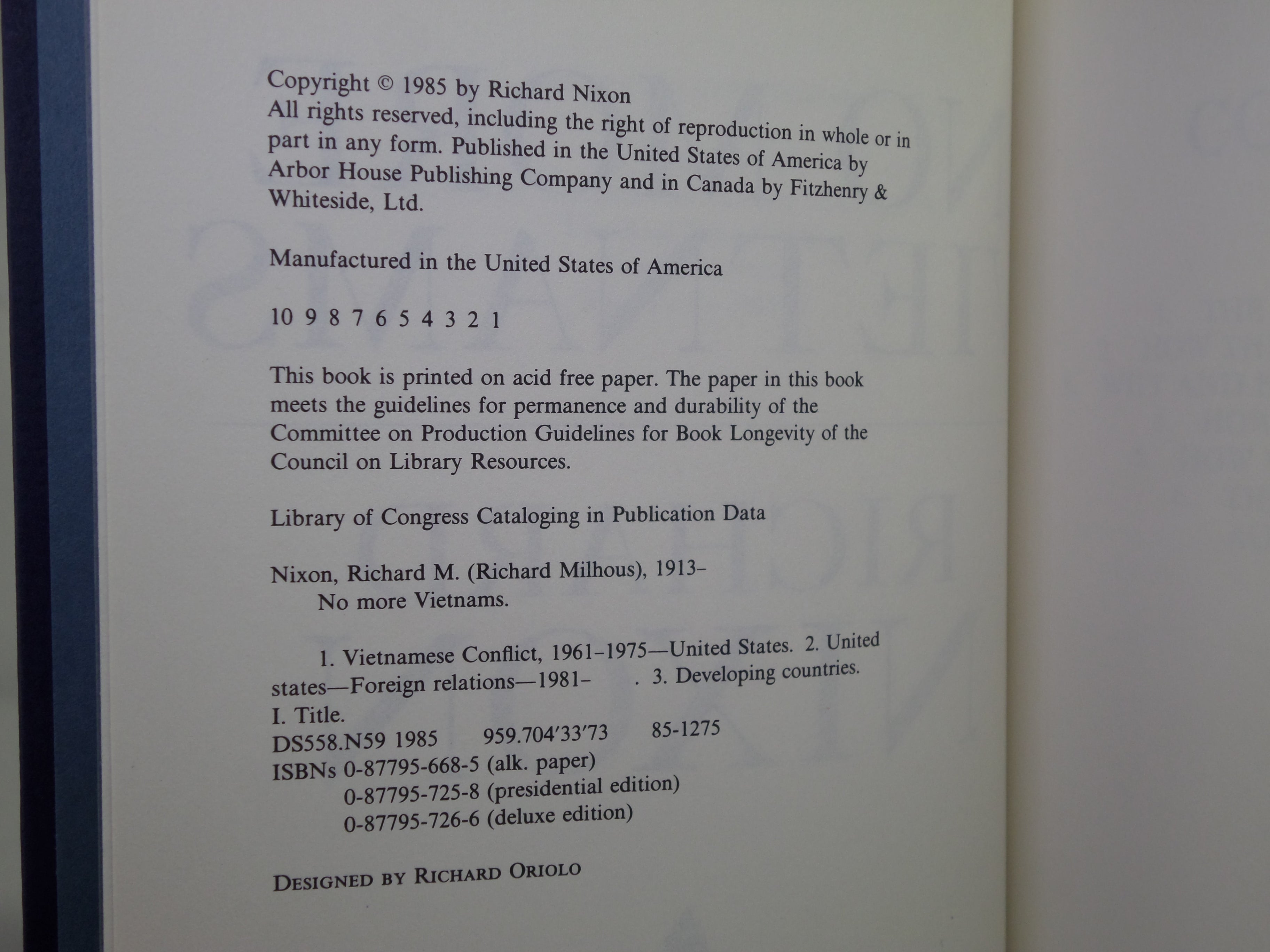NO MORE VIETNAMS BY RICHARD NIXON 1985 SIGNED FIRST EDITION