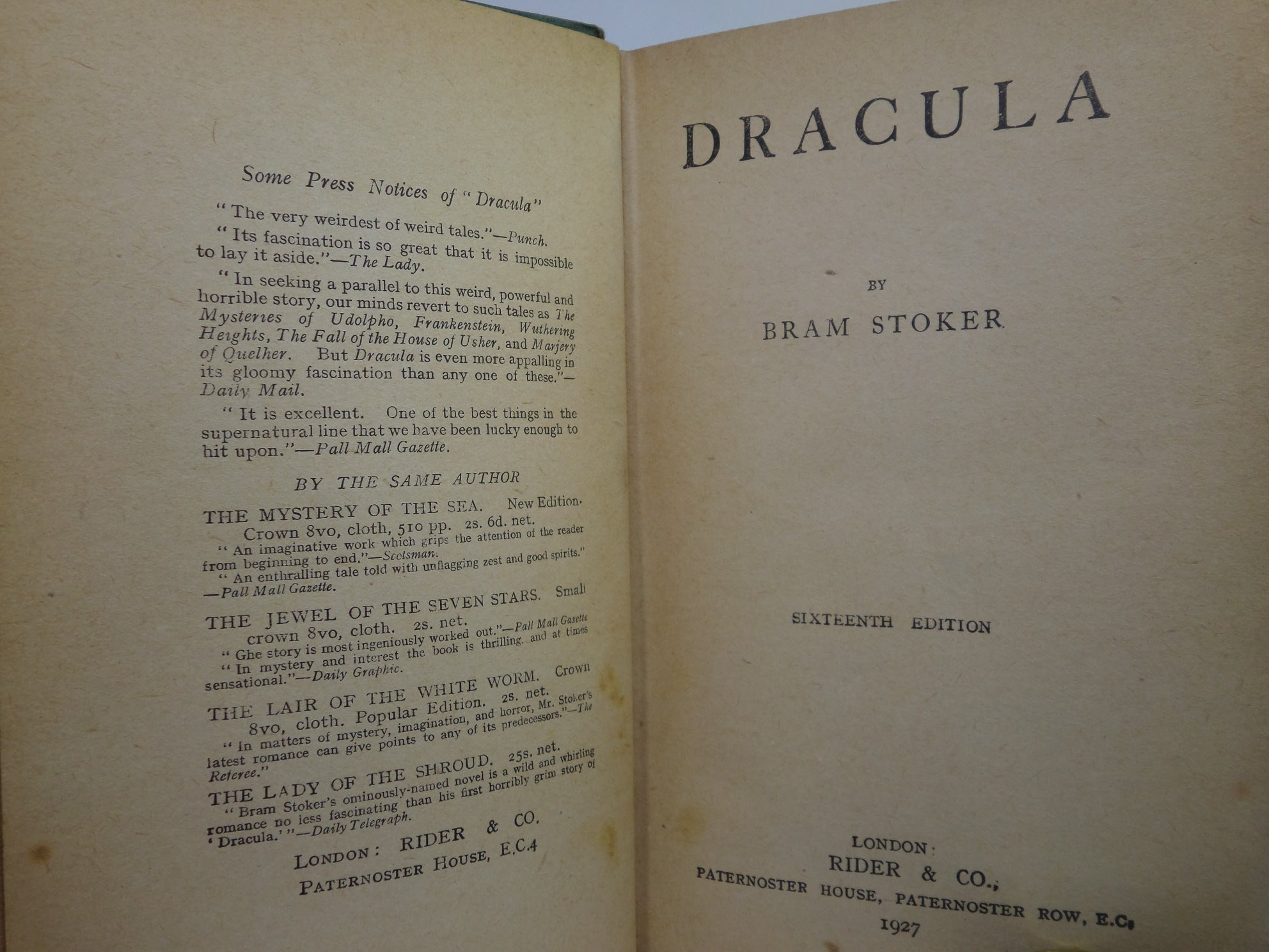 DRACULA BY BRAM STOKER 1927 SIXTEENTH EDITION