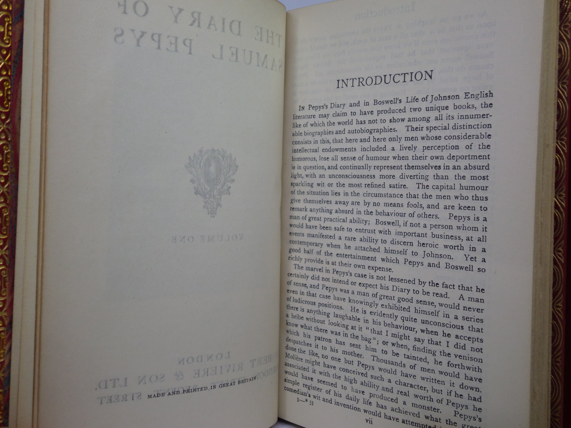 THE DIARY OF SAMUEL PEPYS CA. 1930 FINELY BOUND IN TWO VOLUMES BY BAYNTUN RIVIERE