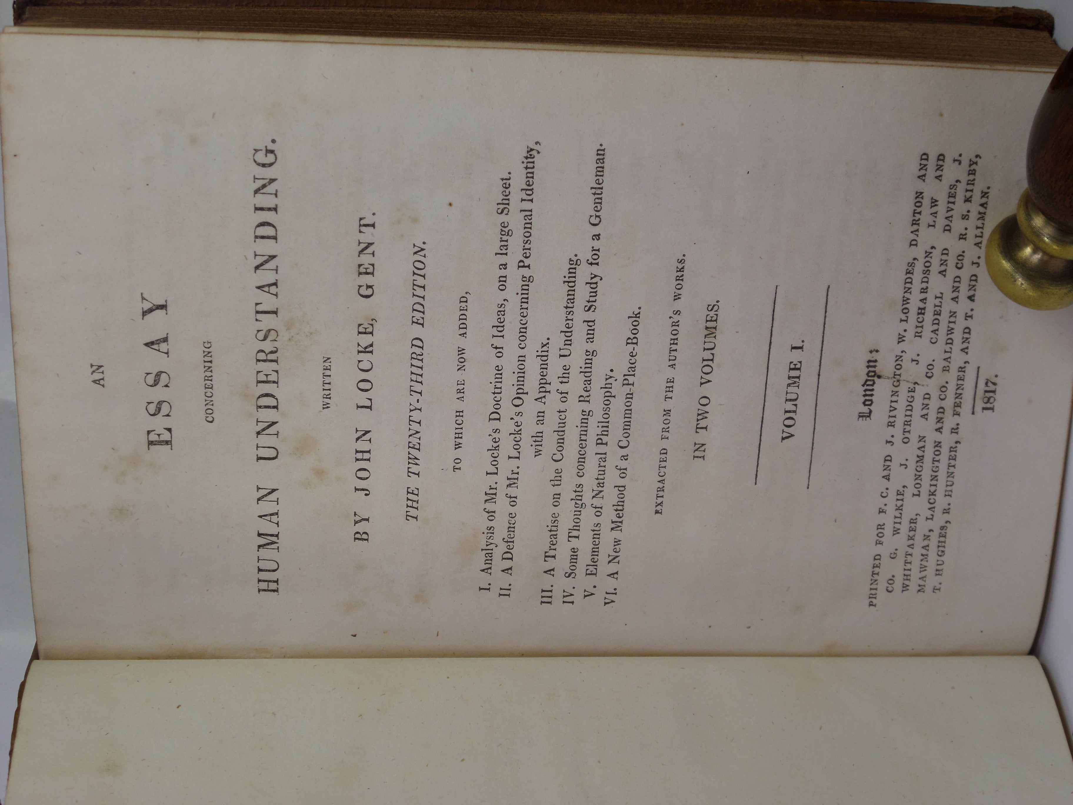 AN ESSAY CONCERNING HUMAN UNDERSTANDING BY JOHN LOCKE 1817 LEATHER BOUND