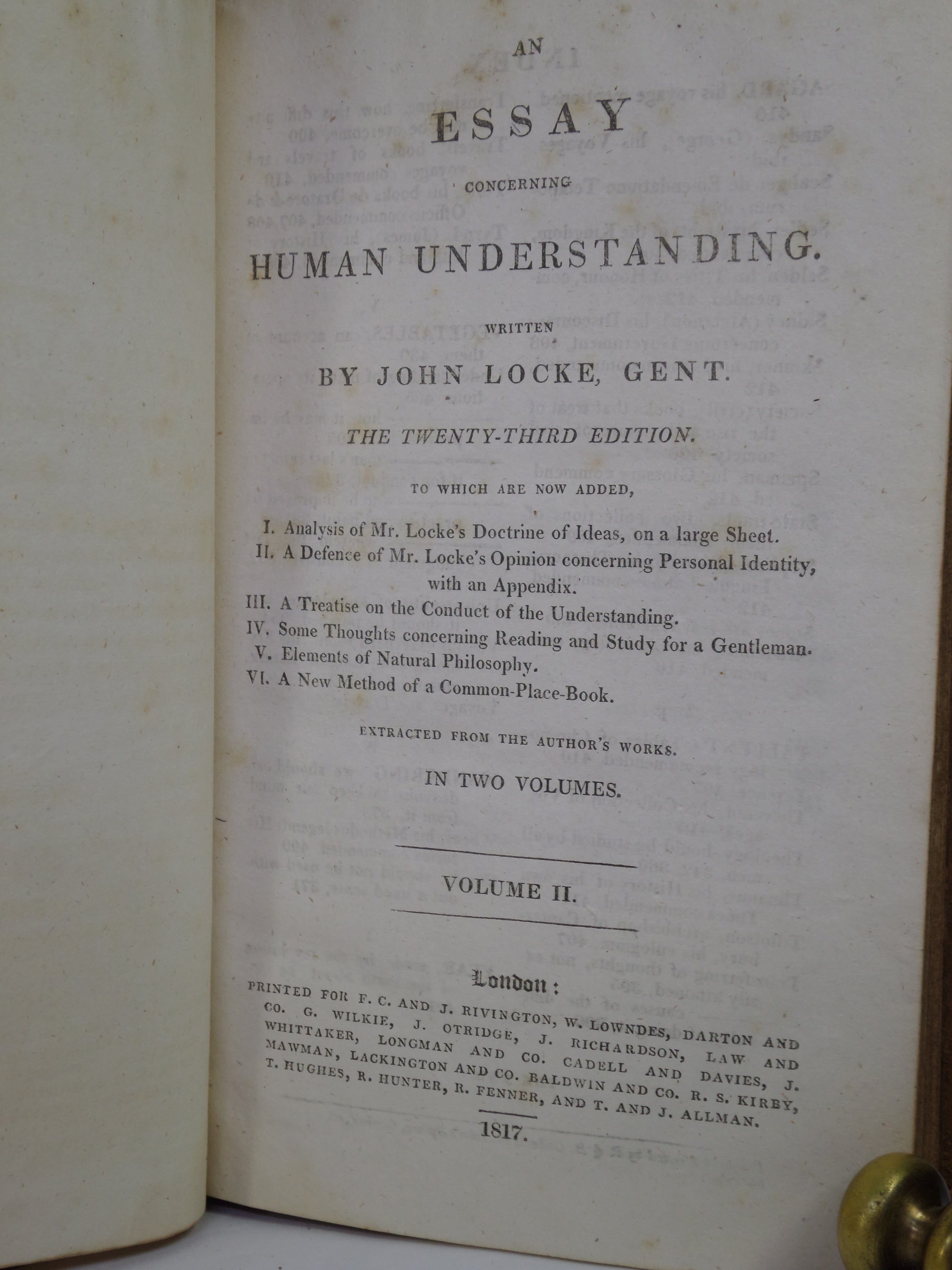 AN ESSAY CONCERNING HUMAN UNDERSTANDING BY JOHN LOCKE 1817 LEATHER BOUND