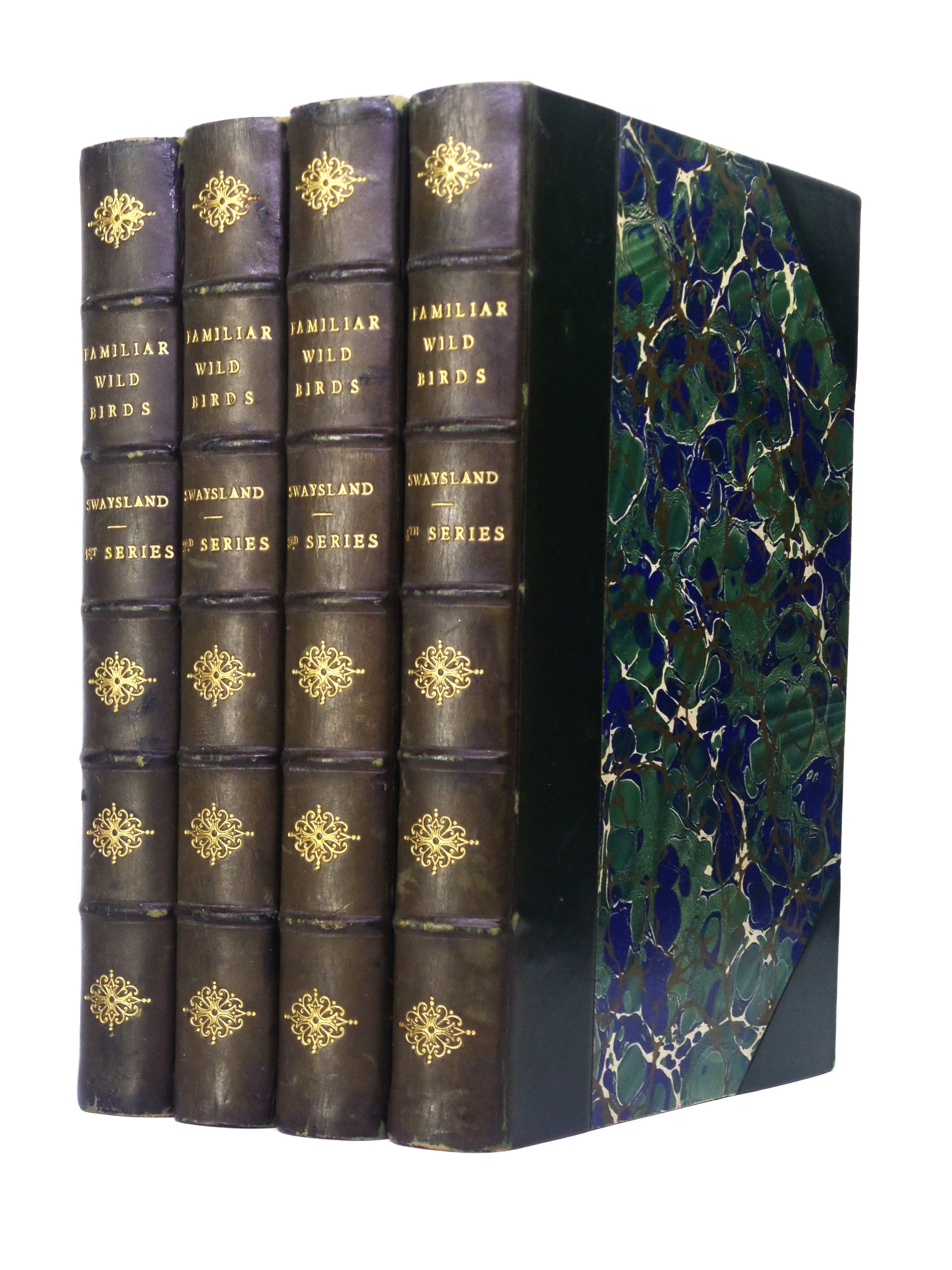 FAMILIAR WILD BIRDS BY WALTER SWAYSLAND 1883 FIRST EDITION LEATHER-BOUND IN FOUR VOLUMES