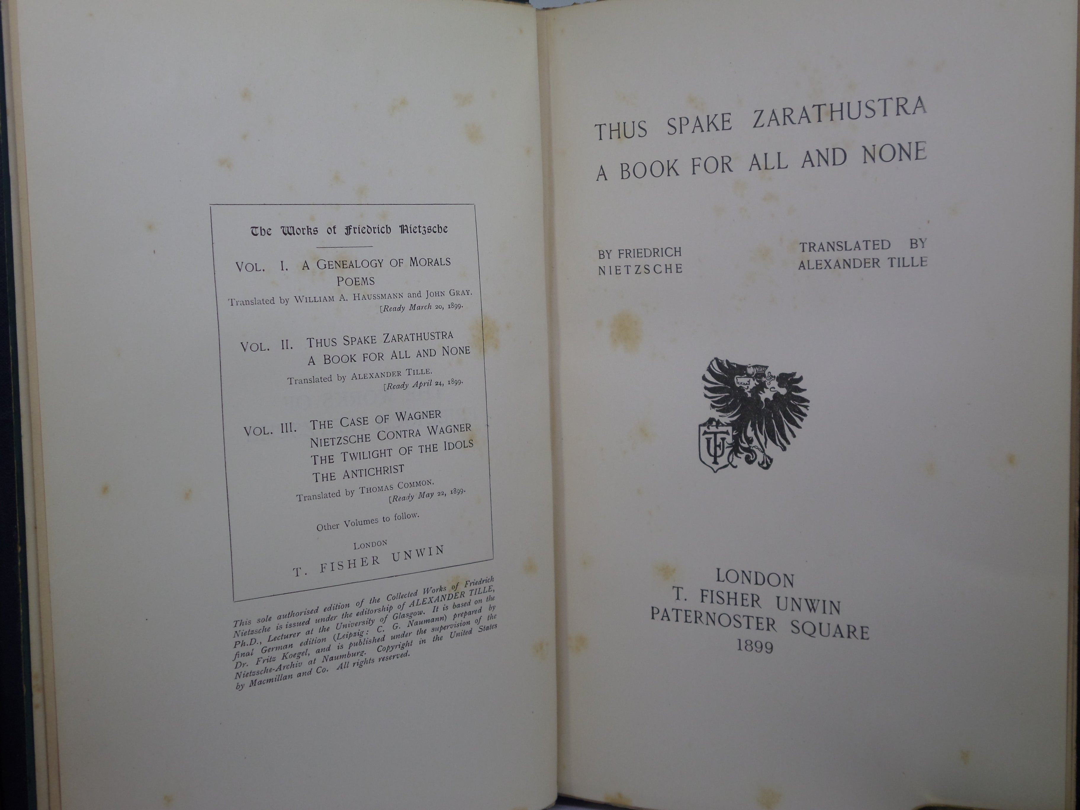 THUS SPAKE ZARATHUSTRA BY FRIEDRICH NIETZSCHE 1899