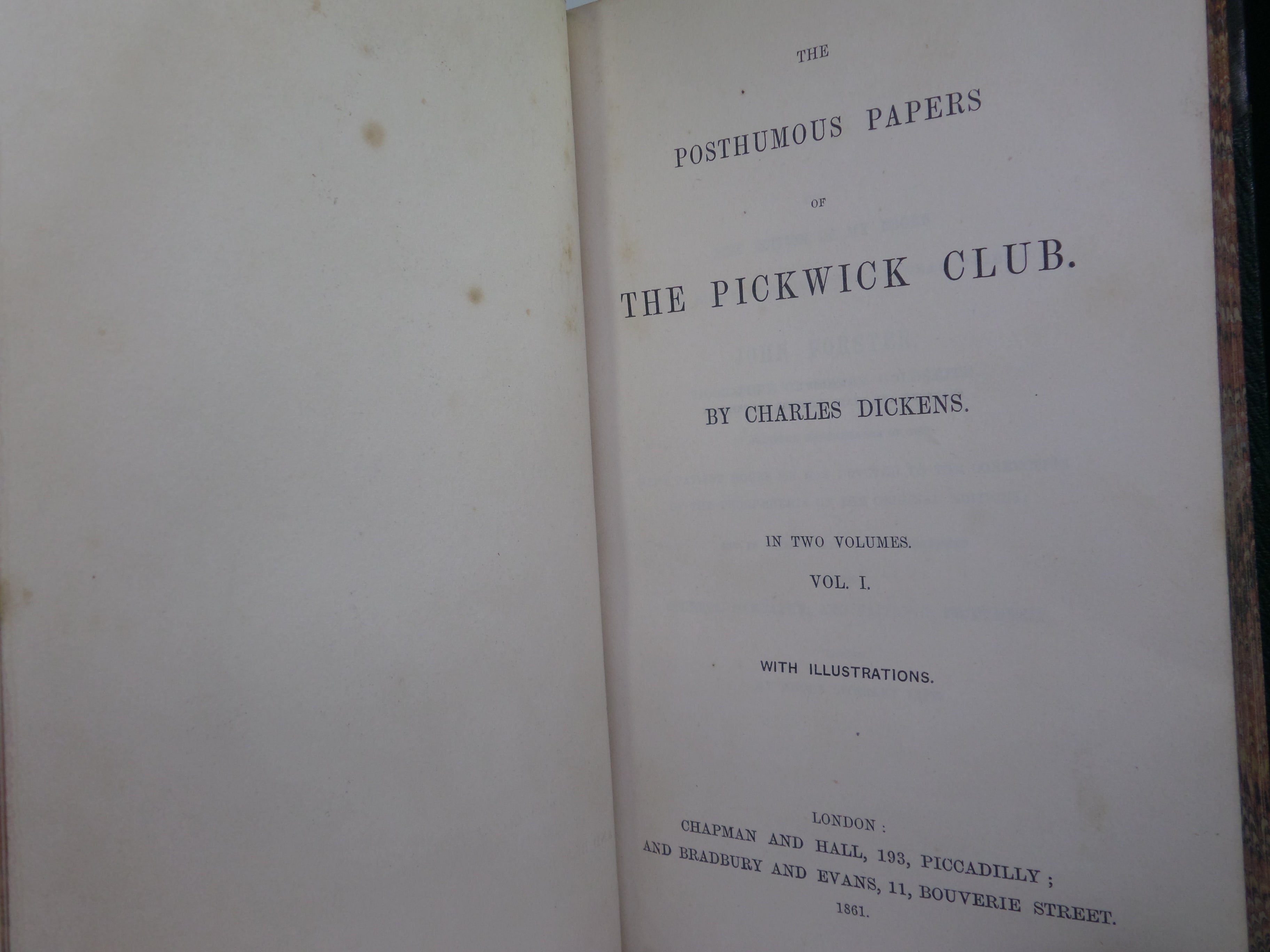 THE POSTHUMOUS PAPERS OF THE PICKWICK CLUB BY CHARLES DICKENS 1861 LEATHER BOUND IN TWO VOLUMES