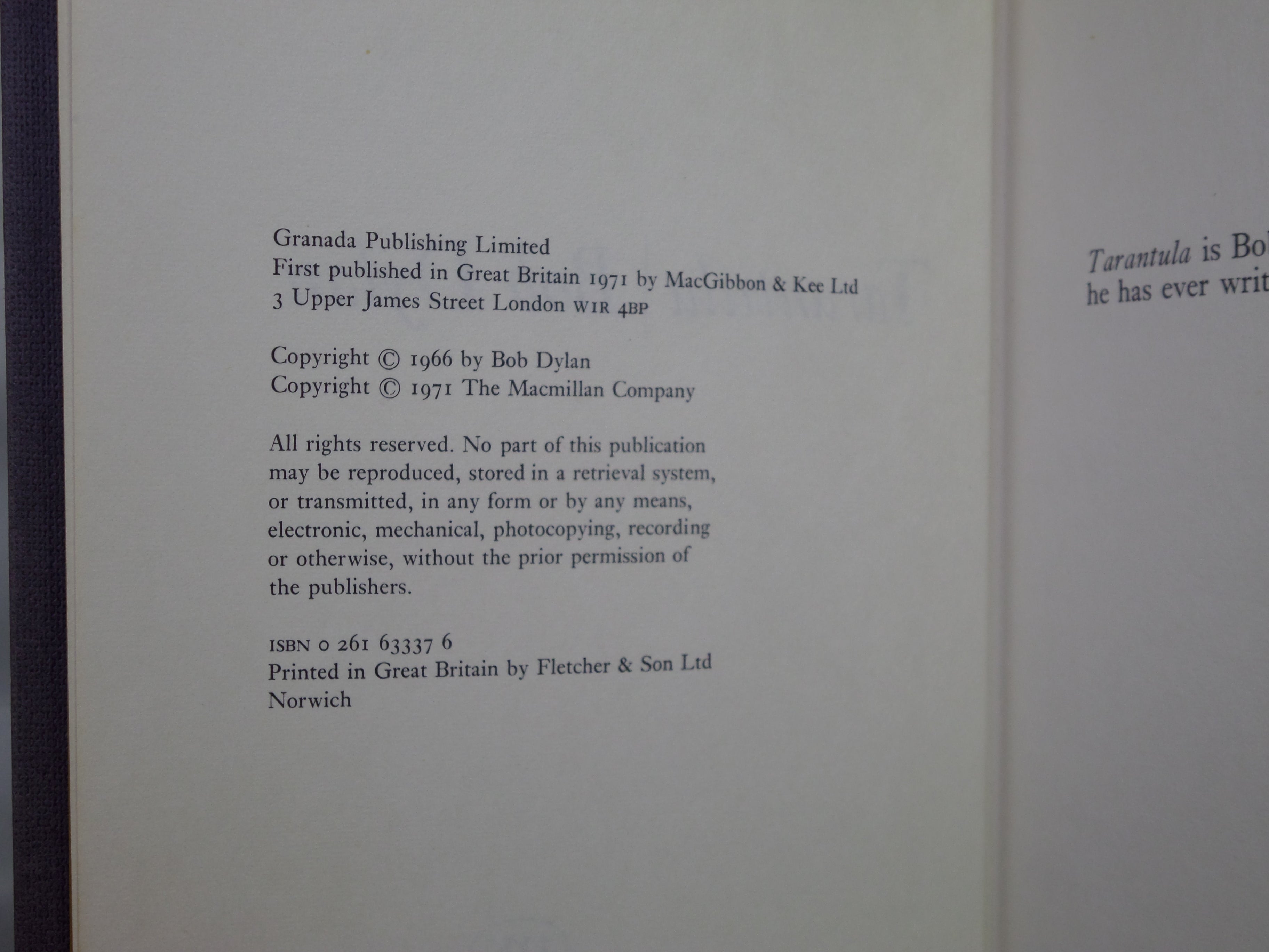 TARANTULA BY BOB DYLAN 1971 FIRST U.K. EDITION