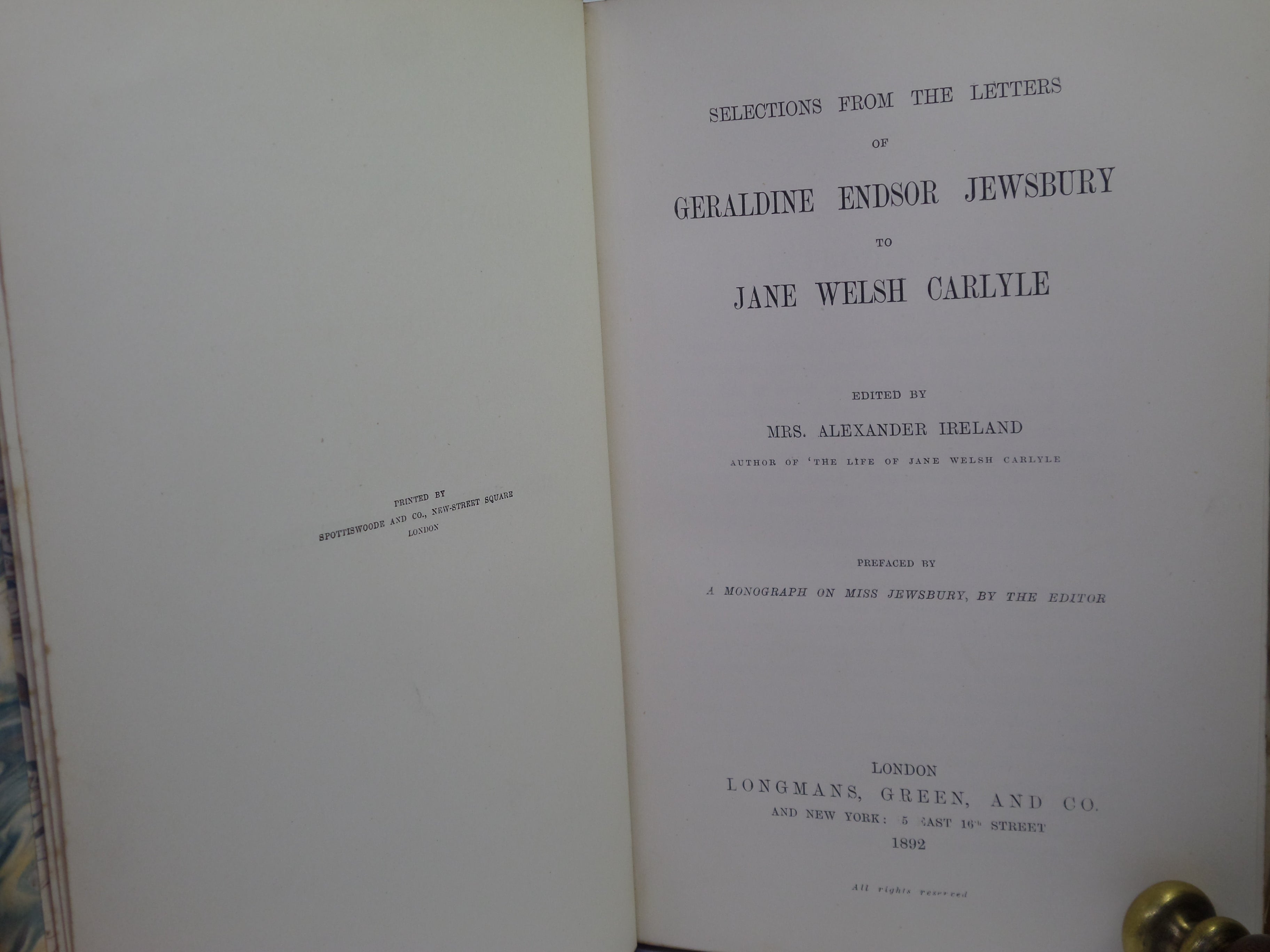SELECTIONS FROM THE LETTERS OF GERALDINE ENDSOR JEWSBURY TO JANE WELSH CARLYLE 1892 FIRST EDITION