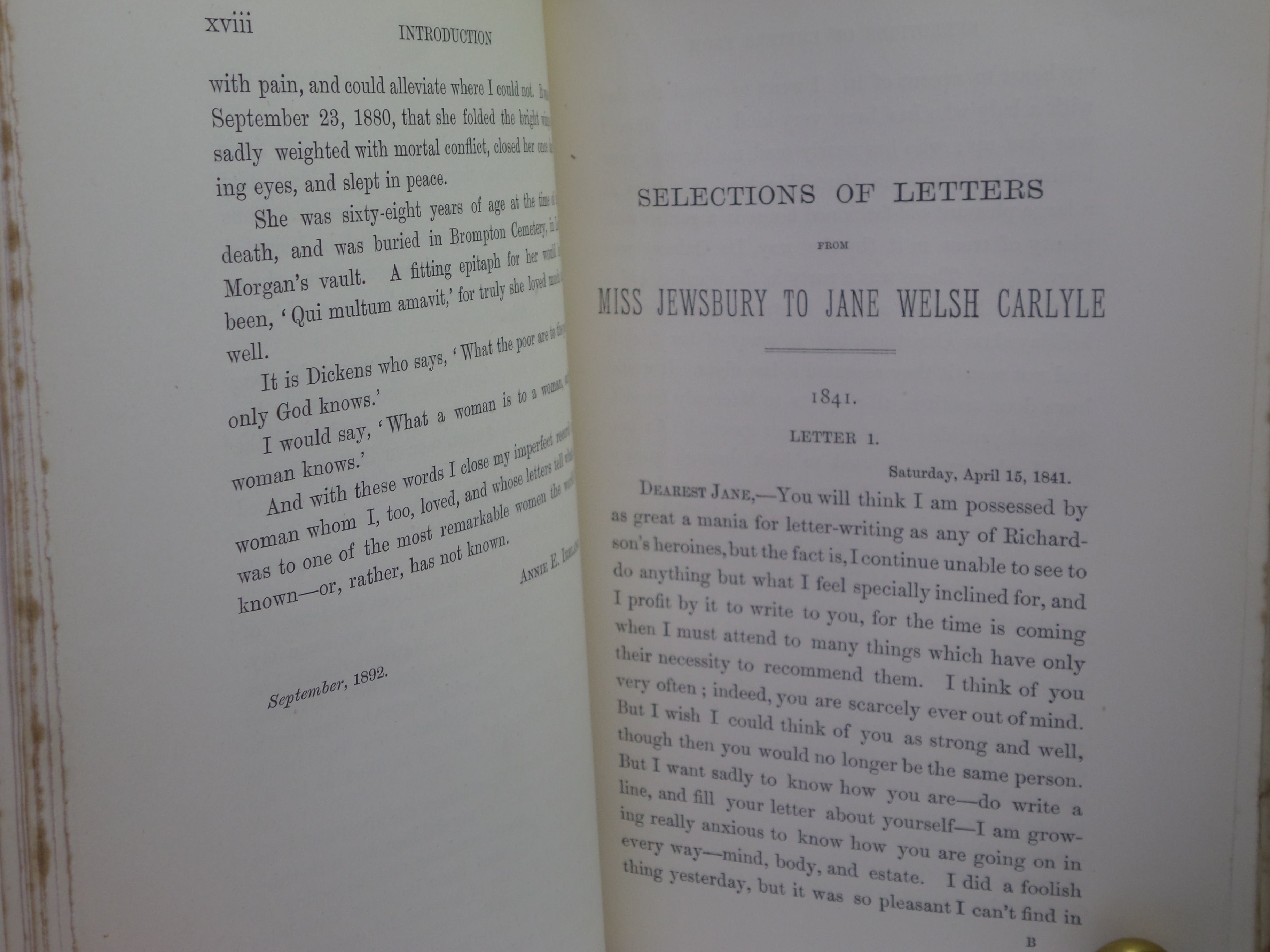 SELECTIONS FROM THE LETTERS OF GERALDINE ENDSOR JEWSBURY TO JANE WELSH CARLYLE 1892 FIRST EDITION