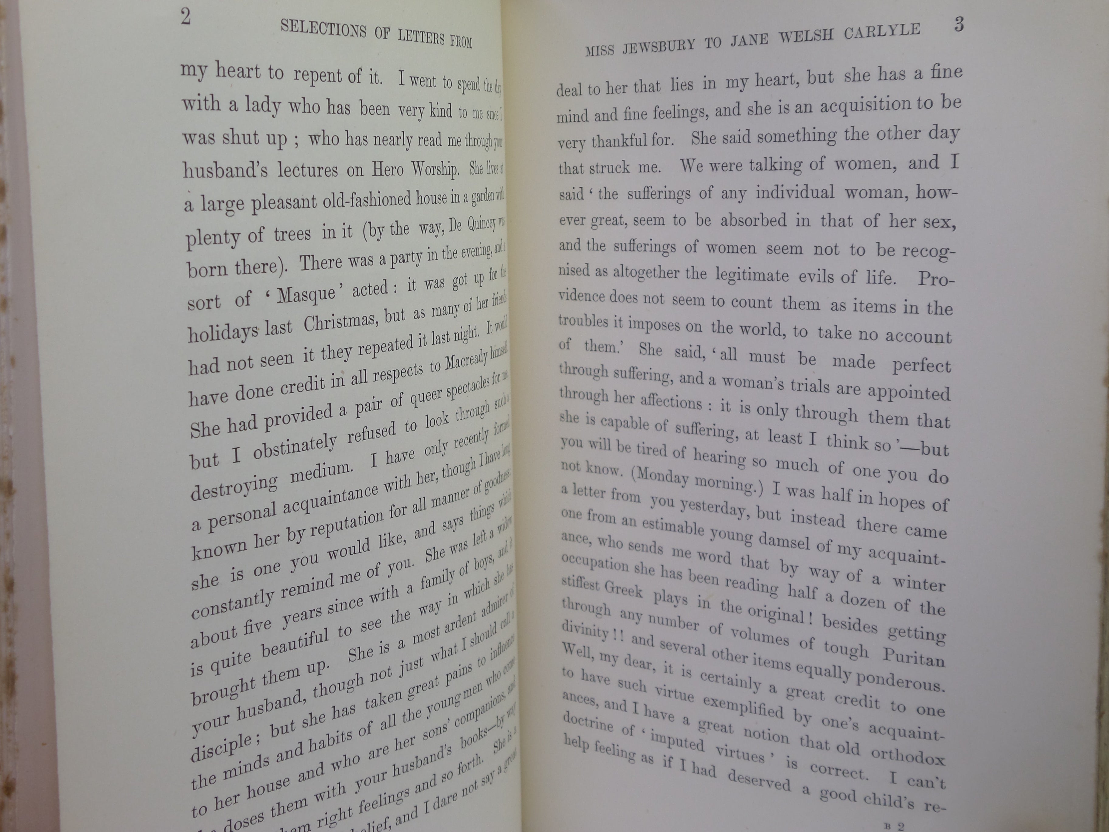 SELECTIONS FROM THE LETTERS OF GERALDINE ENDSOR JEWSBURY TO JANE WELSH CARLYLE 1892 FIRST EDITION