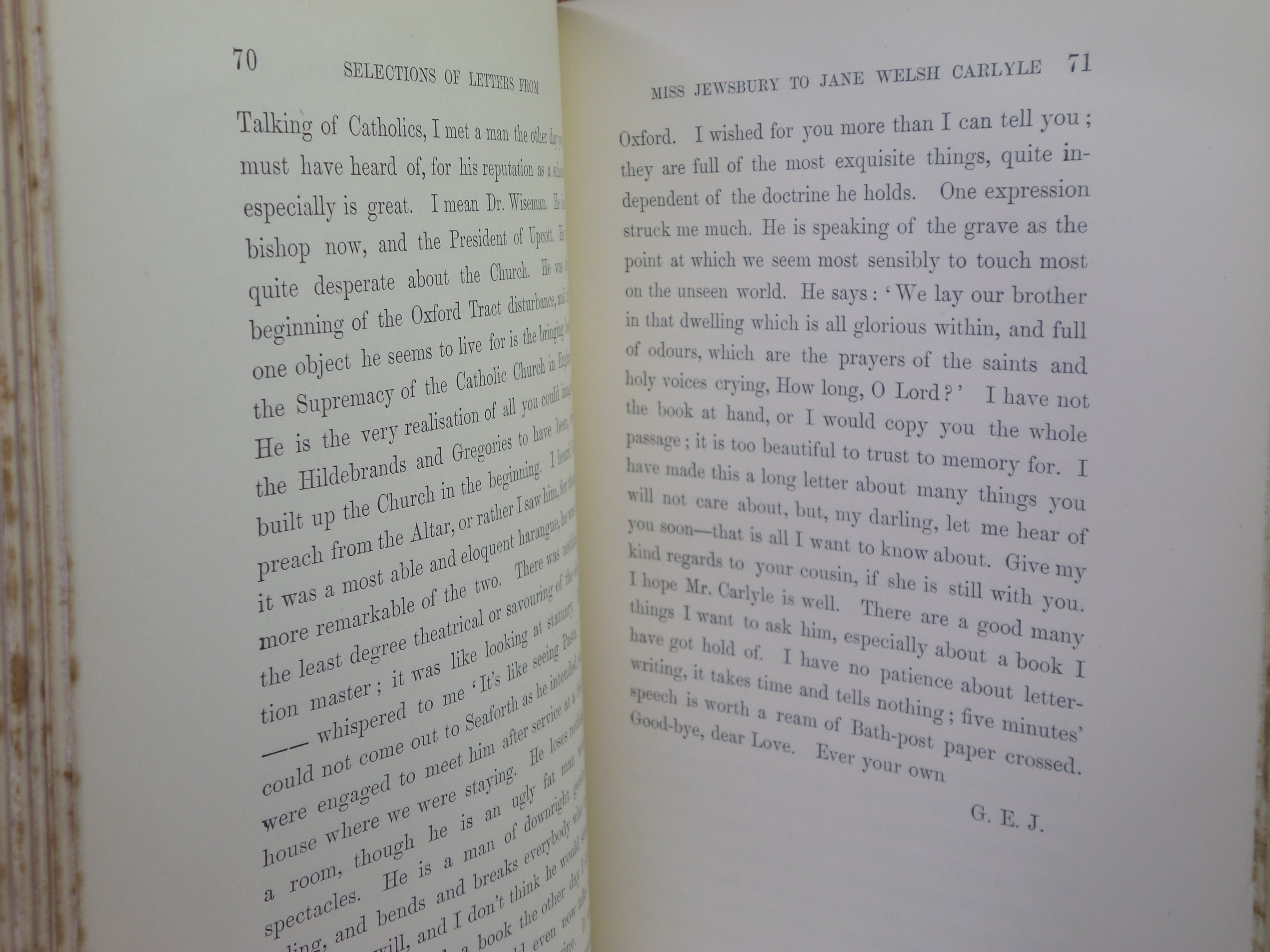SELECTIONS FROM THE LETTERS OF GERALDINE ENDSOR JEWSBURY TO JANE WELSH CARLYLE 1892 FIRST EDITION
