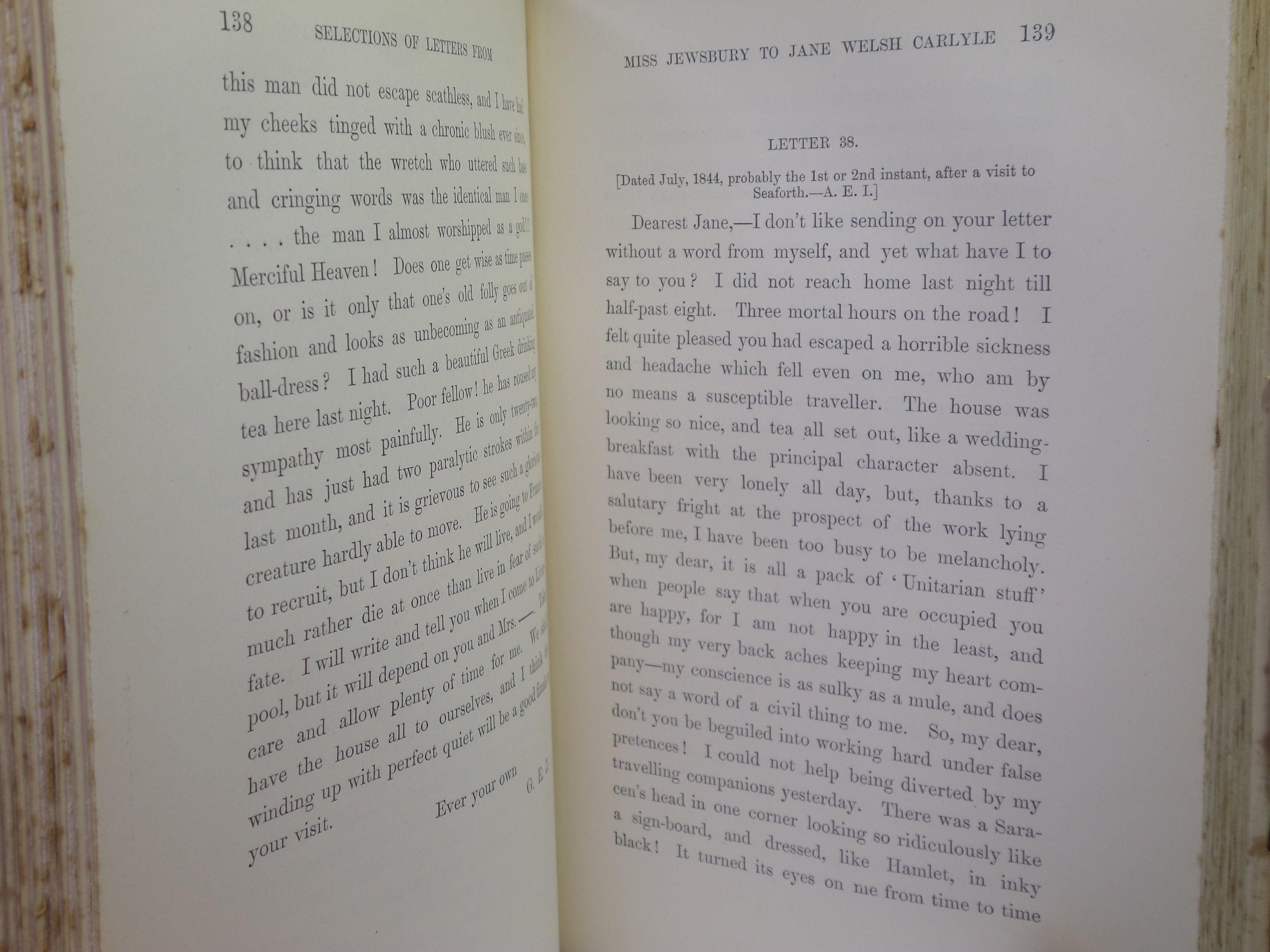 SELECTIONS FROM THE LETTERS OF GERALDINE ENDSOR JEWSBURY TO JANE WELSH CARLYLE 1892 FIRST EDITION