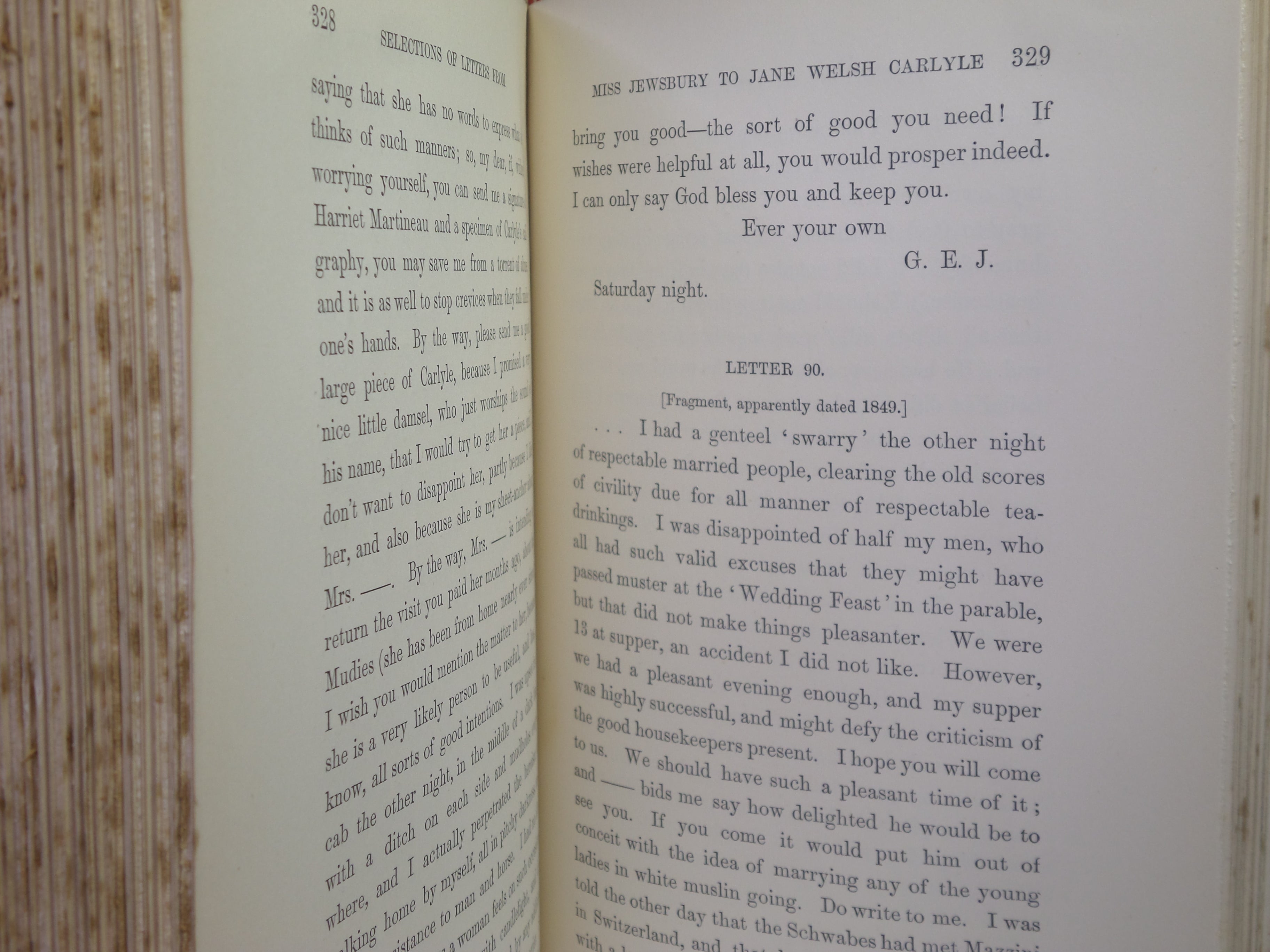 SELECTIONS FROM THE LETTERS OF GERALDINE ENDSOR JEWSBURY TO JANE WELSH CARLYLE 1892 FIRST EDITION