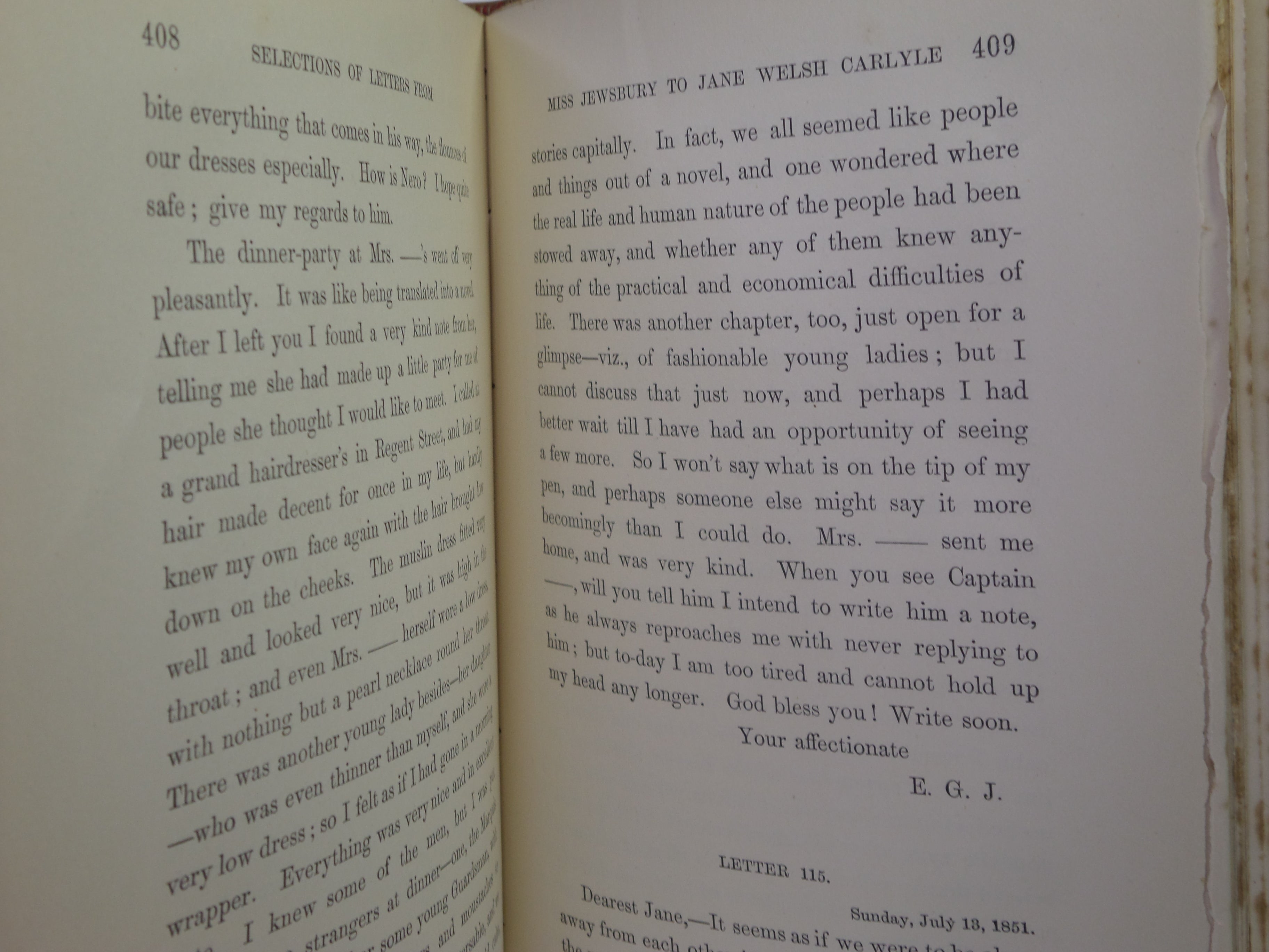 SELECTIONS FROM THE LETTERS OF GERALDINE ENDSOR JEWSBURY TO JANE WELSH CARLYLE 1892 FIRST EDITION