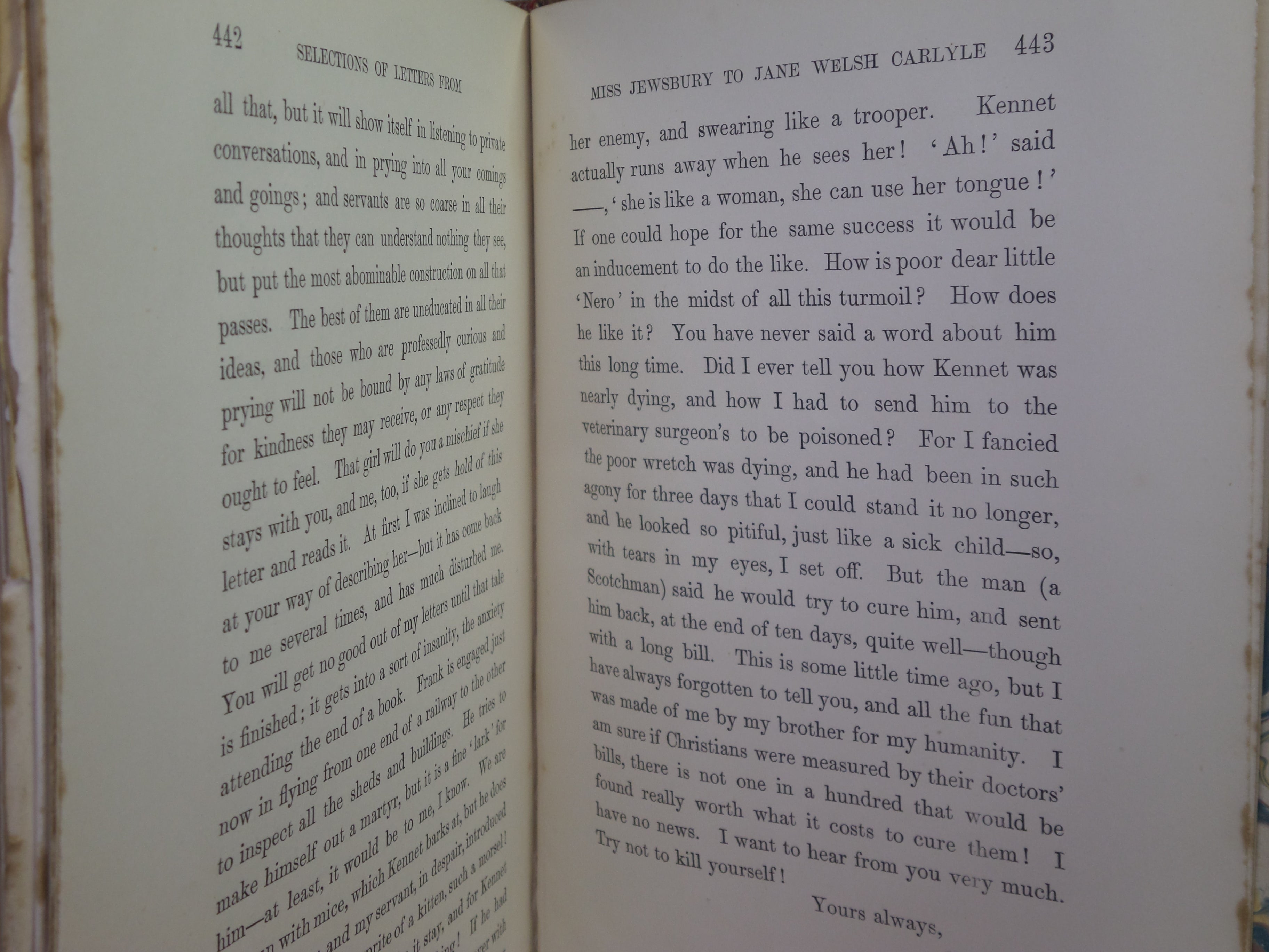 SELECTIONS FROM THE LETTERS OF GERALDINE ENDSOR JEWSBURY TO JANE WELSH CARLYLE 1892 FIRST EDITION