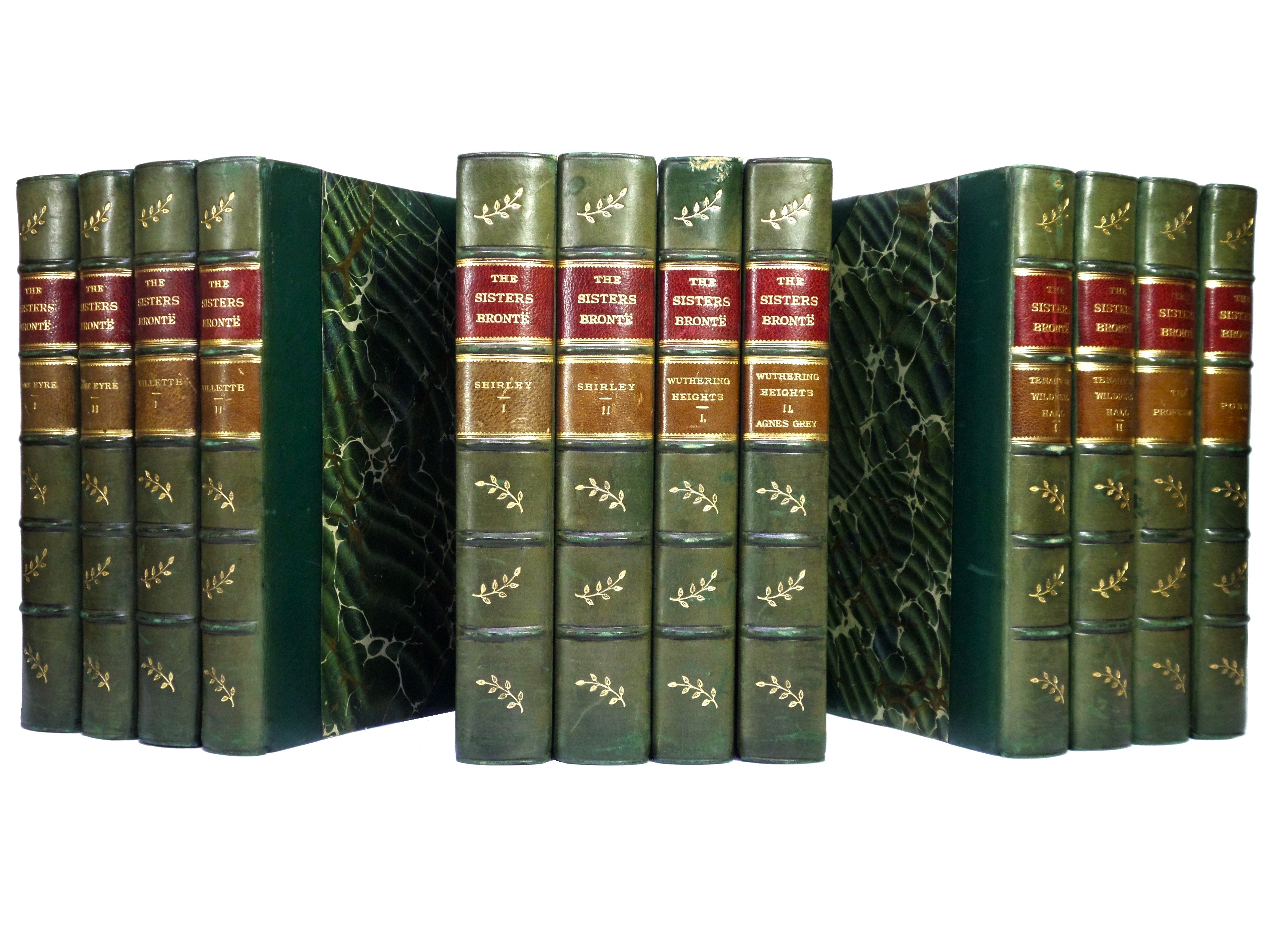 THE WORKS OF CHARLOTTE, EMILY & ANNE BRONTE 1896-98 LEATHER BOUND IN TWELVE VOLS