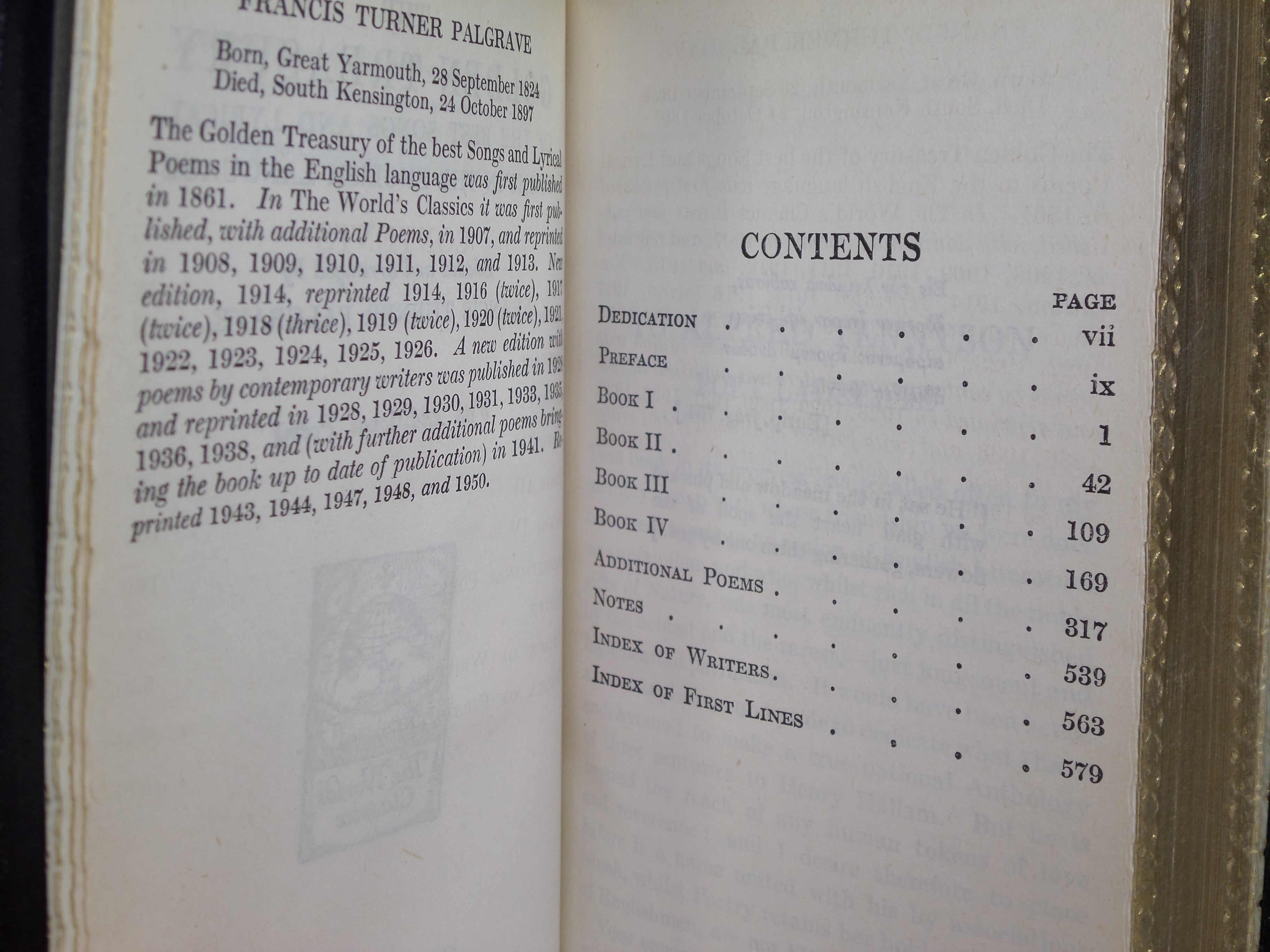 THE GOLDEN TREASURY BY FRANCIS TURNER PALGRAVE 1950 FINE BINDING