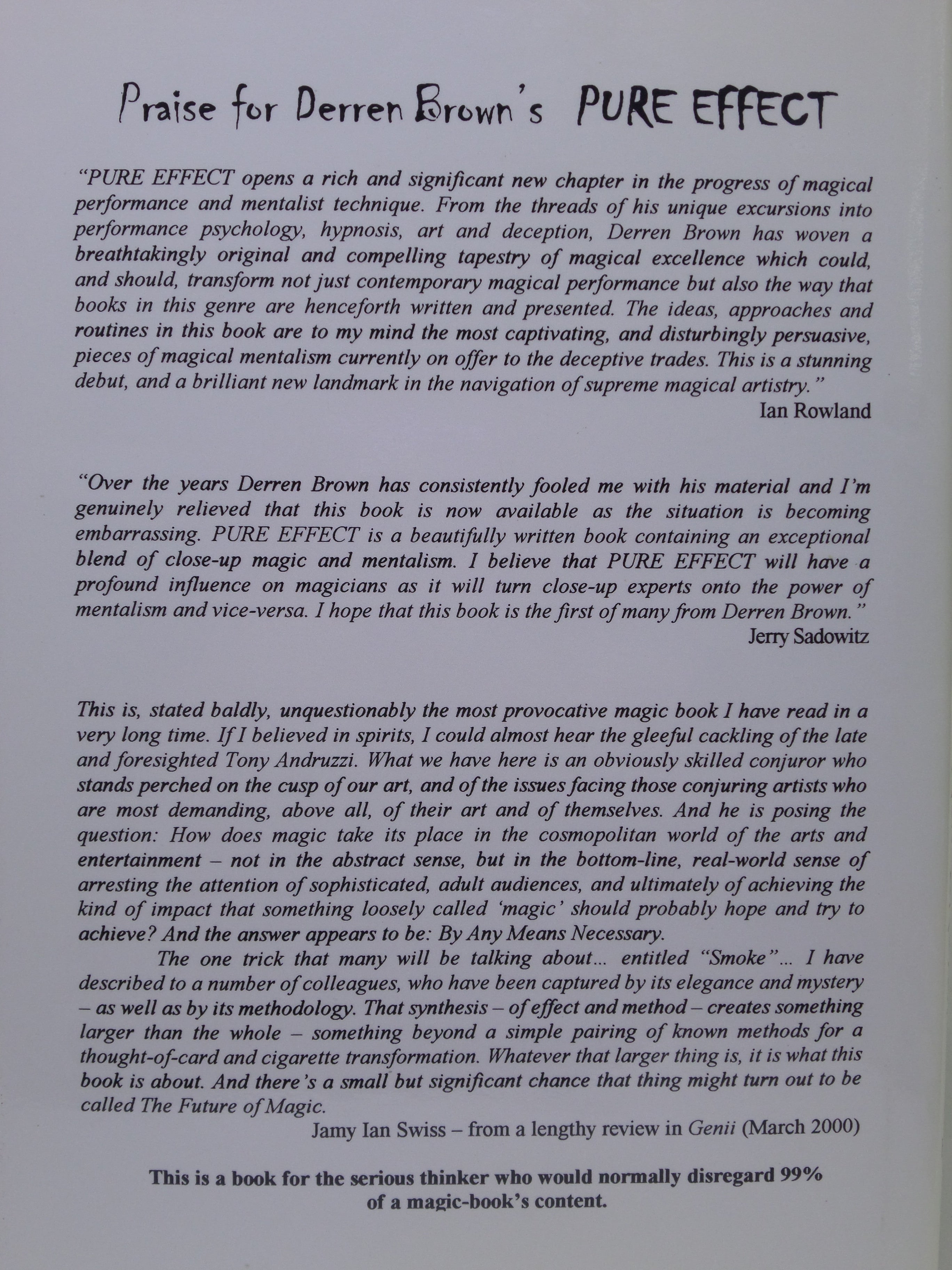 PURE EFFECT: DIRECT MIND READING AND MAGICAL ARTISTRY BY DERREN BROWN 2000 THIRD EDITION