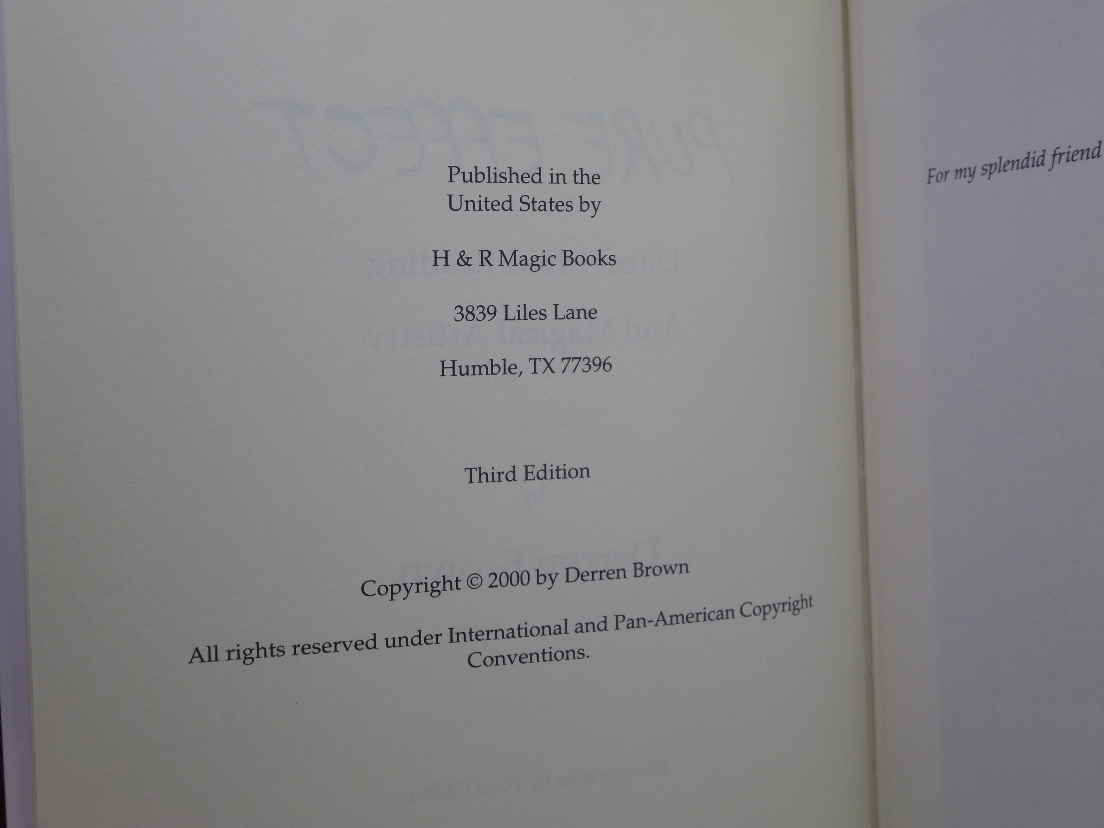 PURE EFFECT: DIRECT MIND READING AND MAGICAL ARTISTRY BY DERREN BROWN 2000 THIRD EDITION