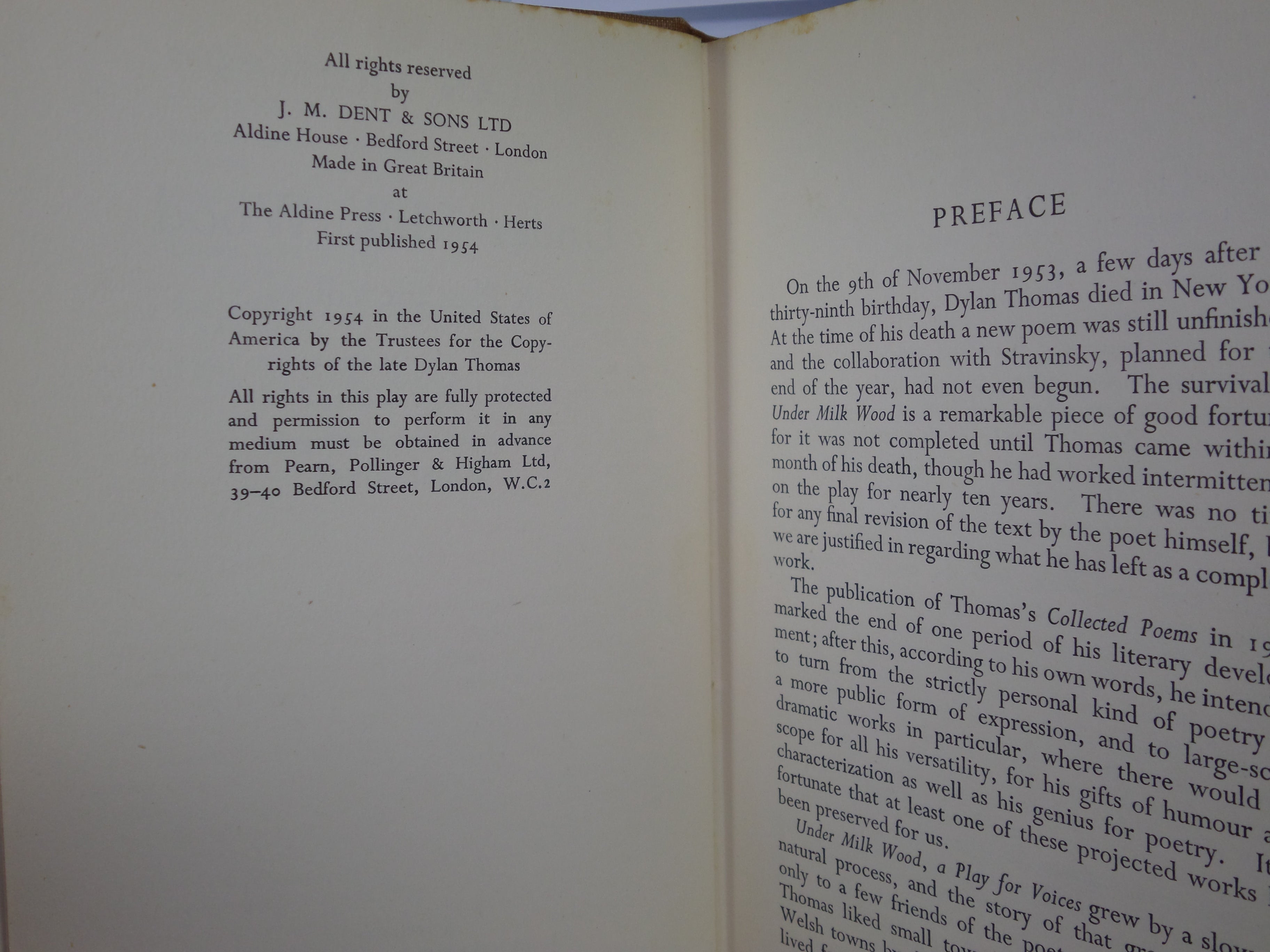 UNDER MILK WOOD BY DYLAN THOMAS 1954 FIRST EDITION