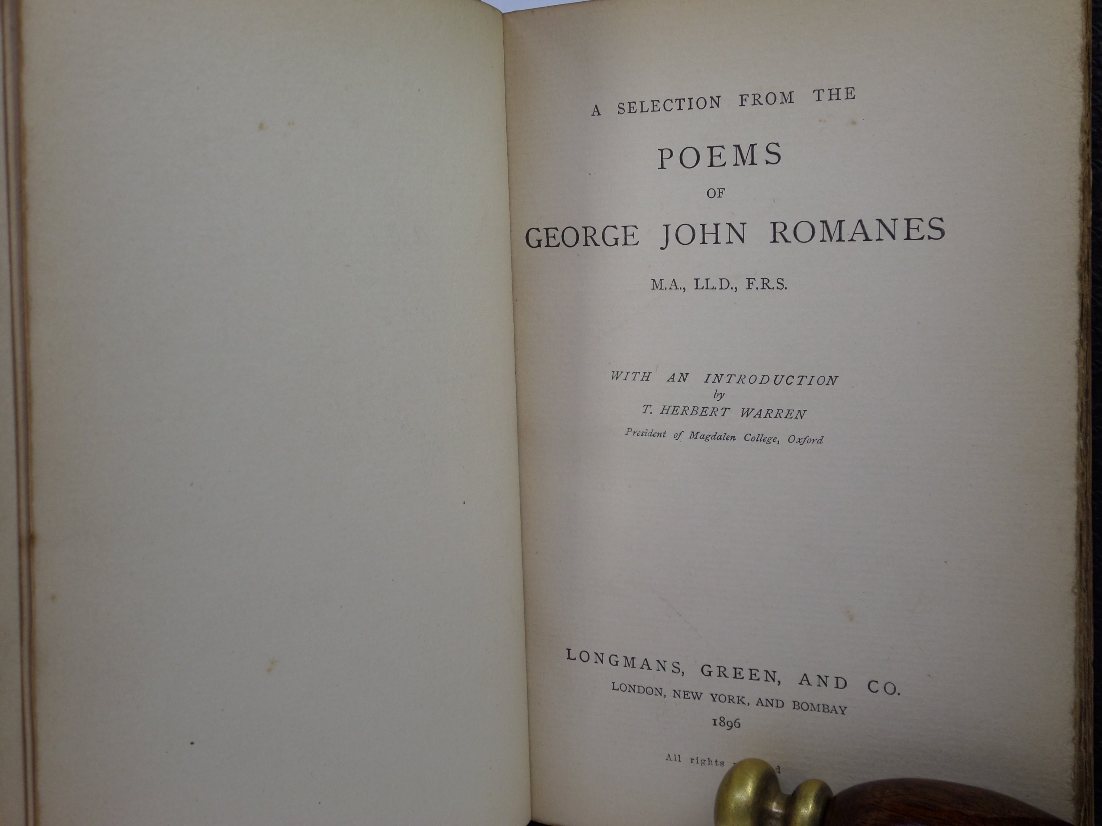 A SELECTION FROM THE POEMS OF GEORGE JOHN ROMANES 1896 LEATHER BOUND FIRST ED.