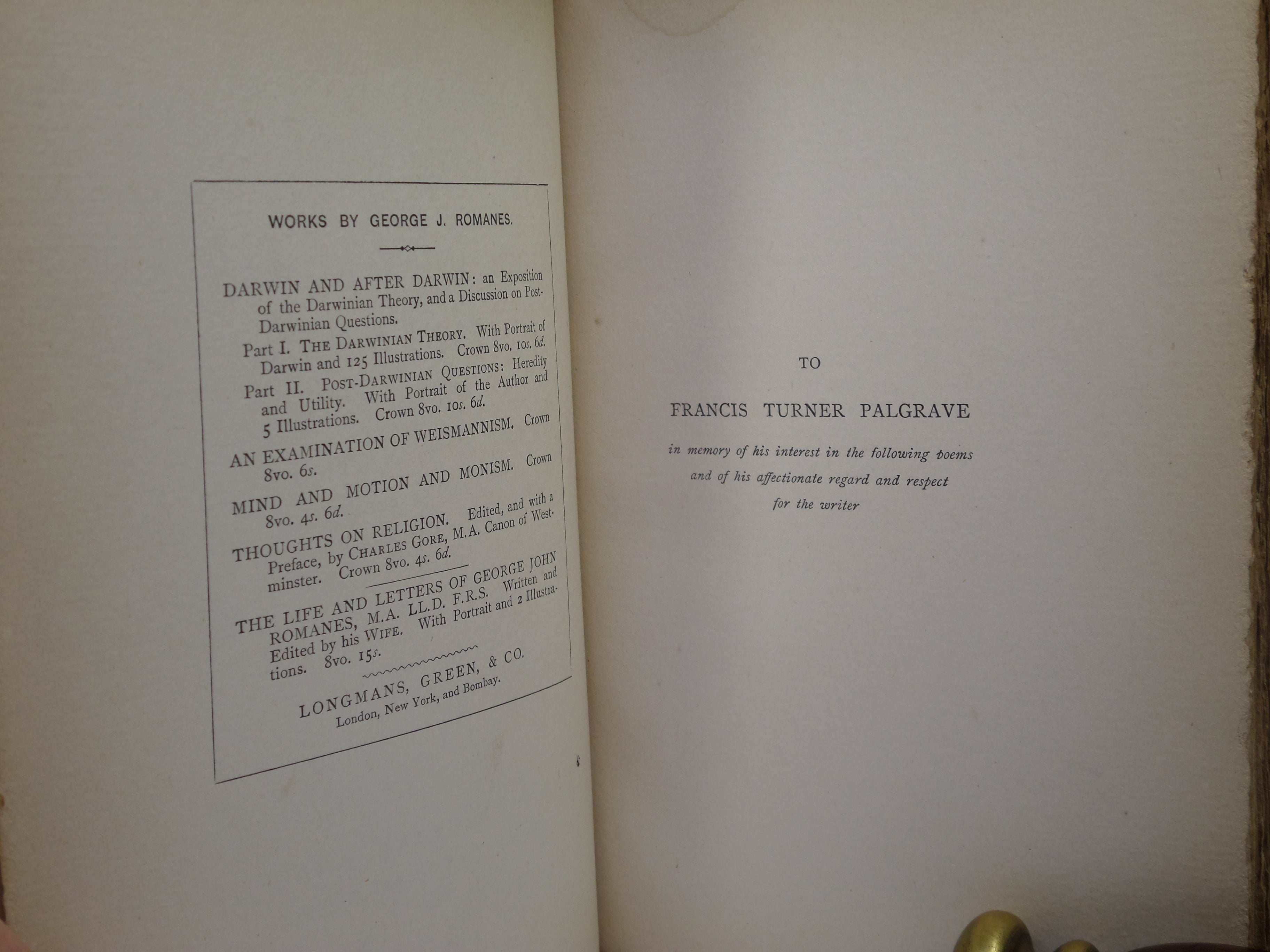 A SELECTION FROM THE POEMS OF GEORGE JOHN ROMANES 1896 LEATHER BOUND FIRST ED.