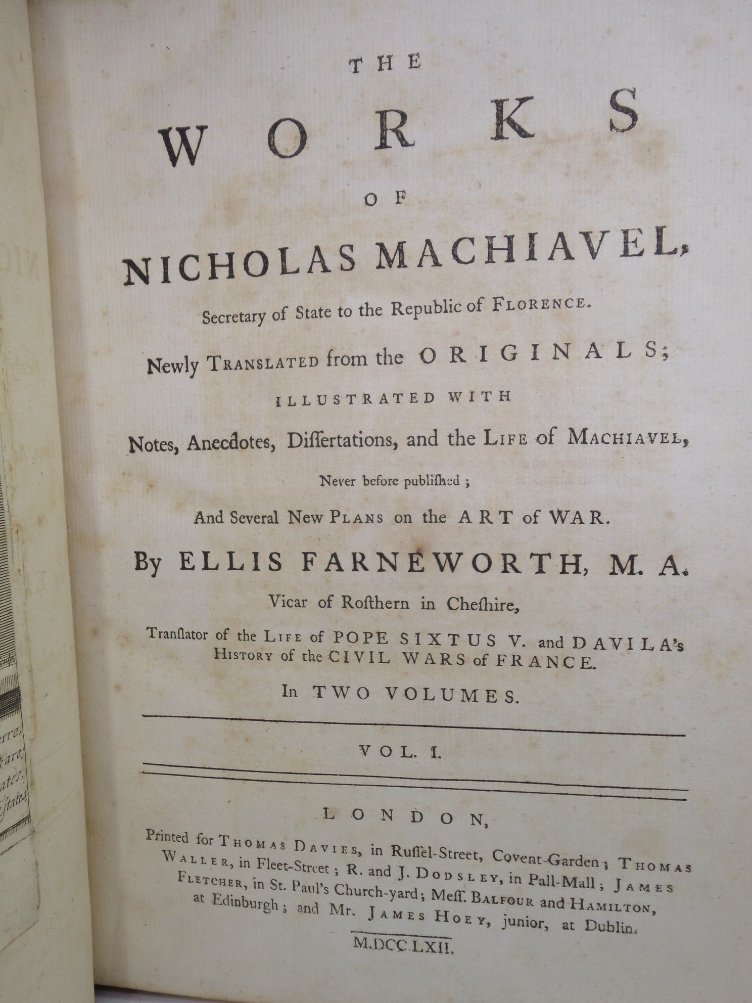 THE WORKS OF NICHOLAS MACHIAVELLI 1762 FINELY BOUND IN TWO VOLUMES
