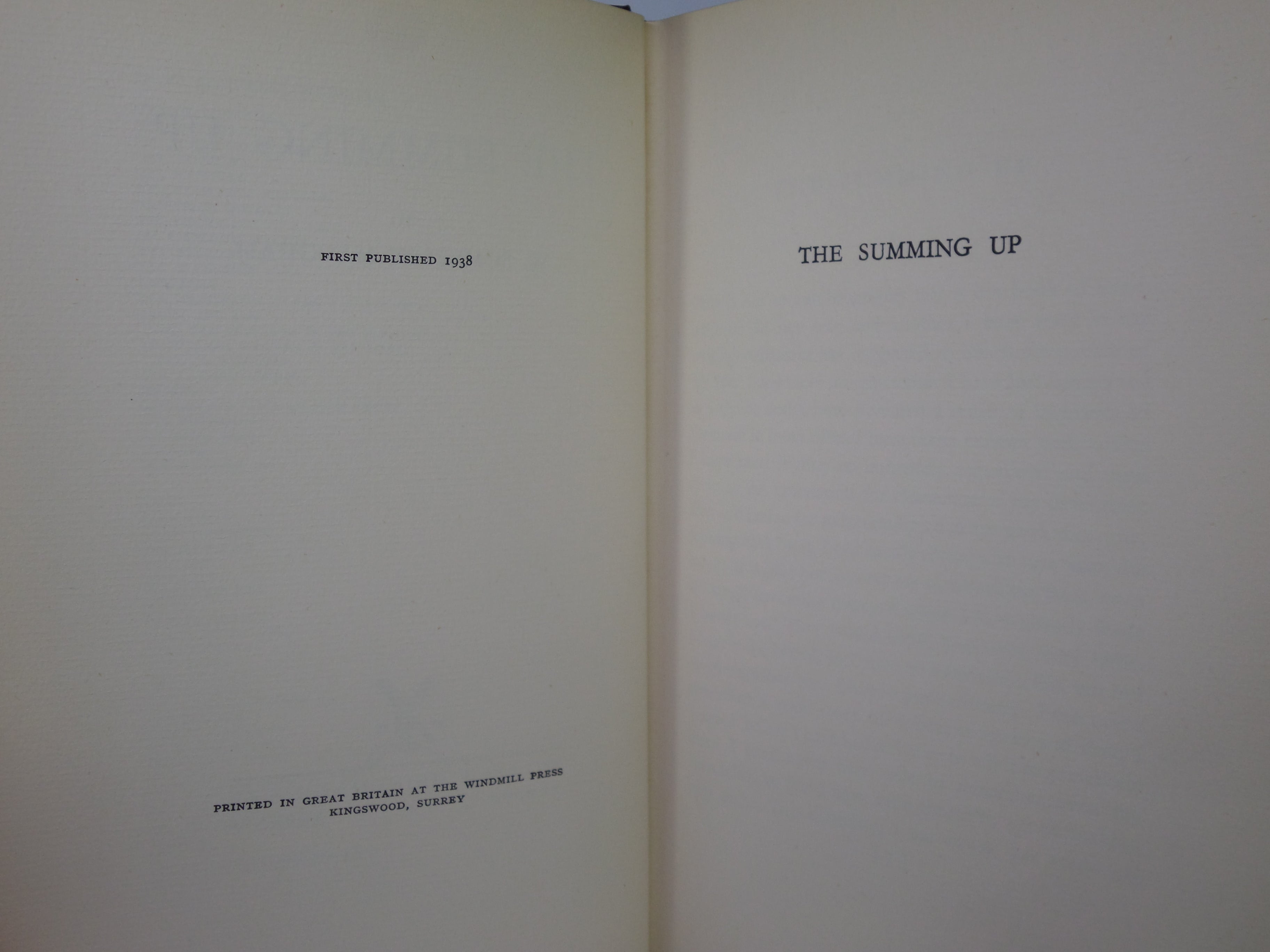 THE SUMMING UP BY WILLIAM SOMERSET MAUGHAM 1938 FIRST EDITION