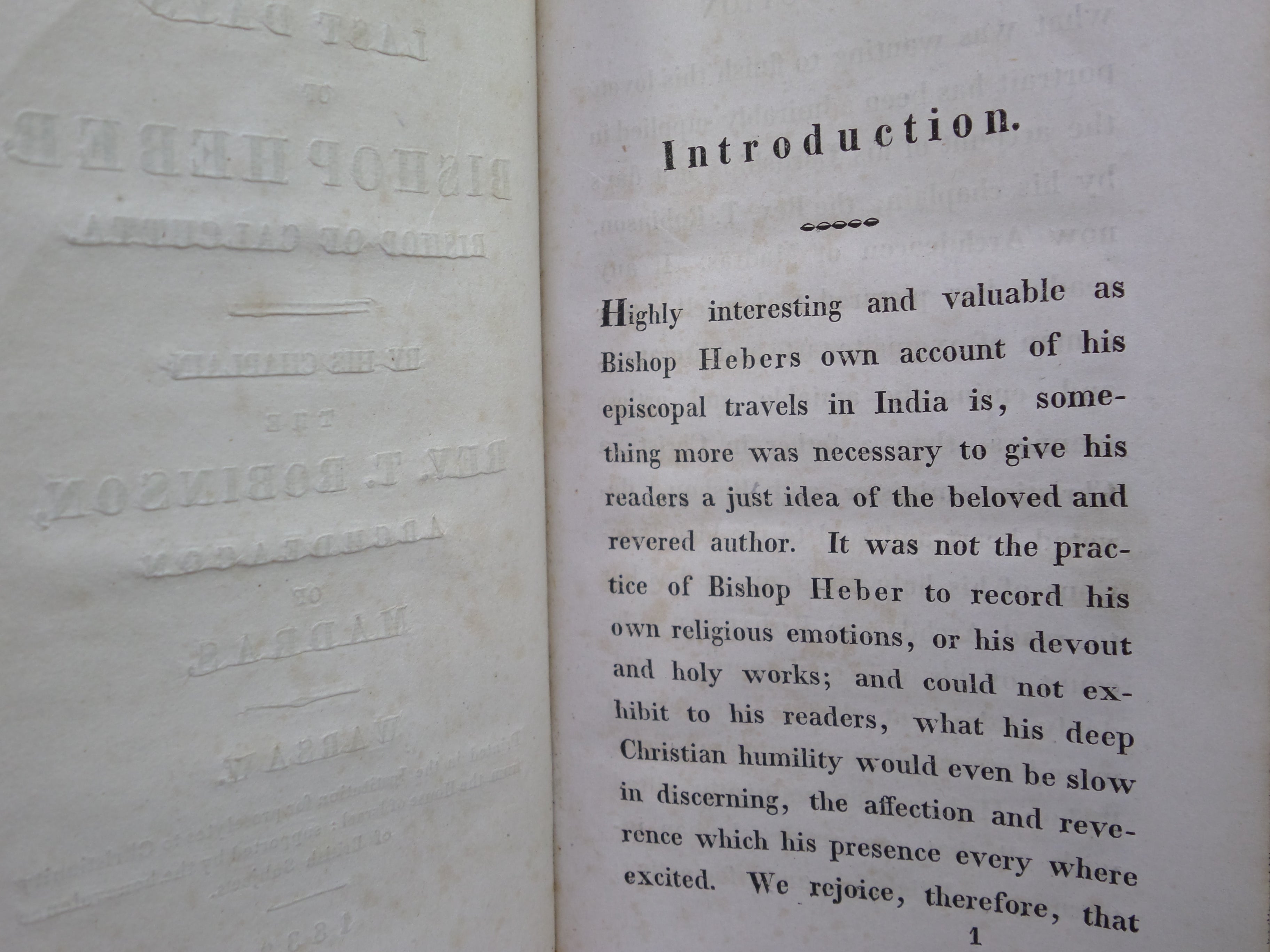 THE LAST DAYS OF BISHOP HEBER BY REV. THOMAS ROBINSON 1832