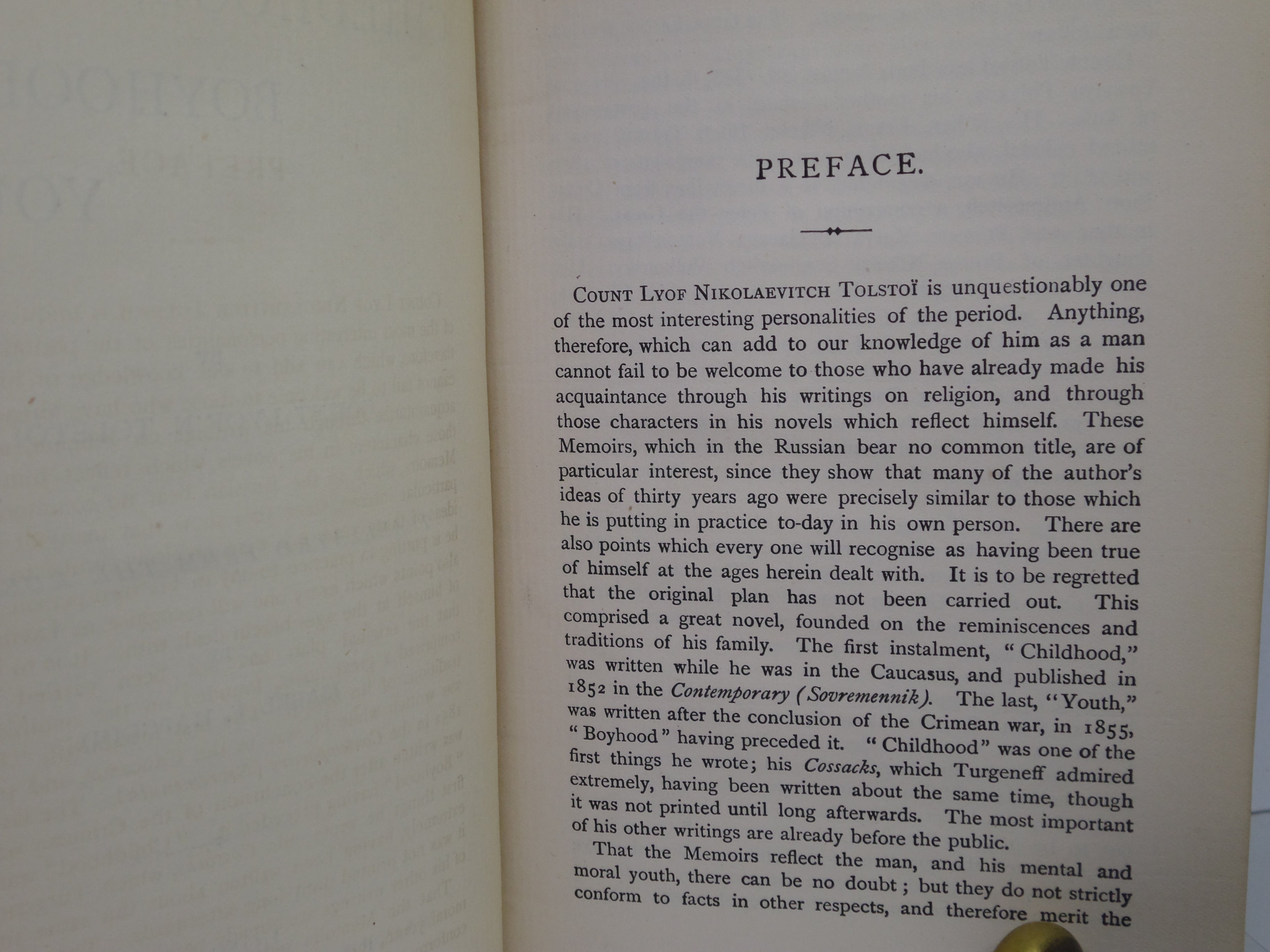 CHILDHOOD, BOYHOOD, YOUTH BY LEO TOLSTOY CIRCA 1889