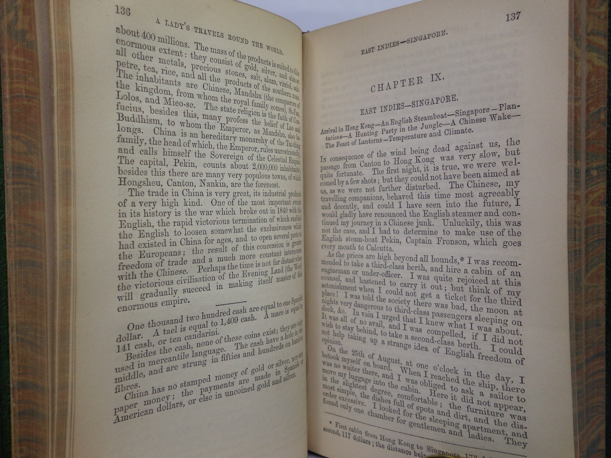 A LADY'S TRAVELS ROUND THE WORLD BY IDA PFEIFFER 1852 LEATHER-BOUND