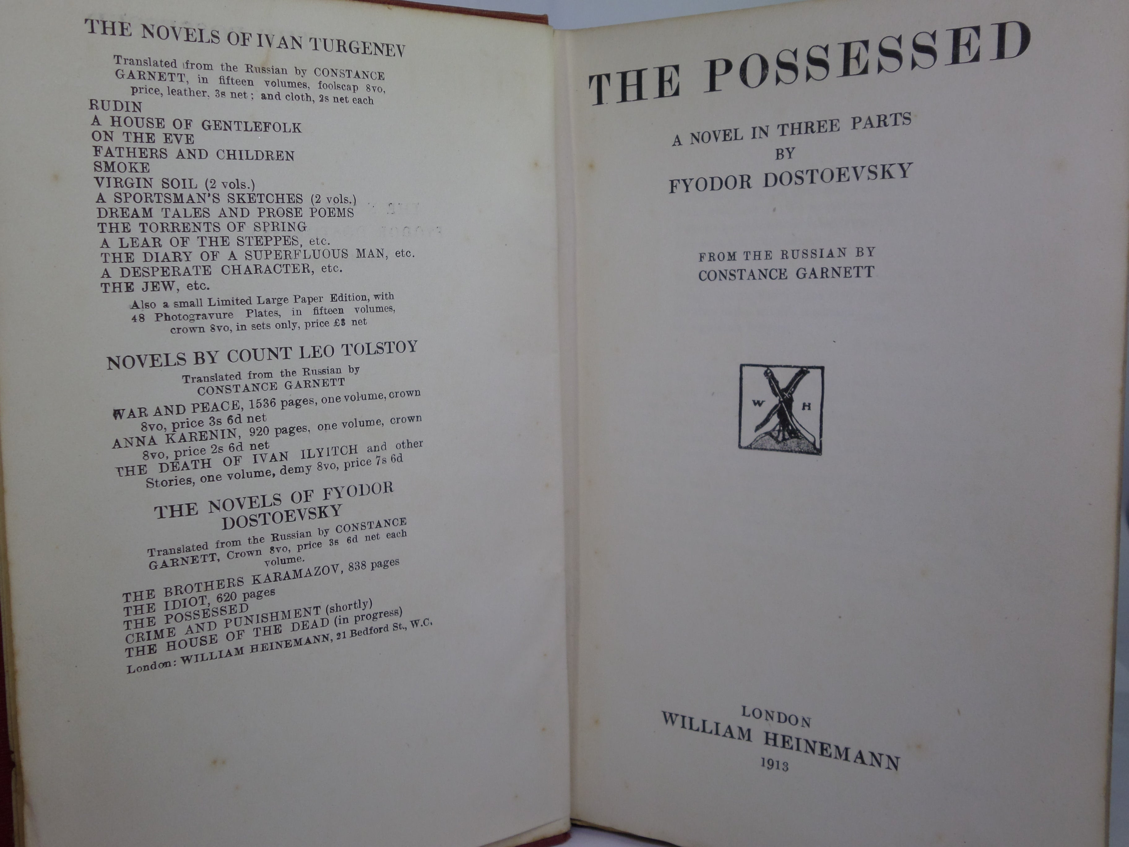 THE POSSESSED BY FYODOR DOSTOEVSKY 1913 FIRST ENGLISH EDITION