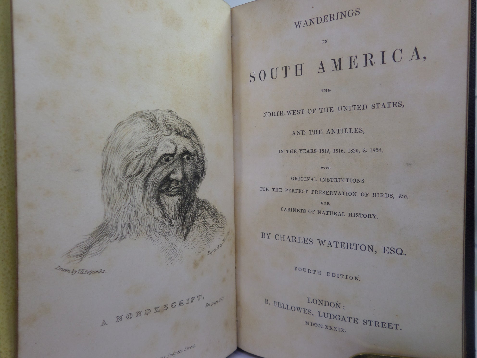 WANDERINGS IN SOUTH AMERICA BY CHARLES WATERTON 1839 FOURTH EDITION, LEATHER-BOUND