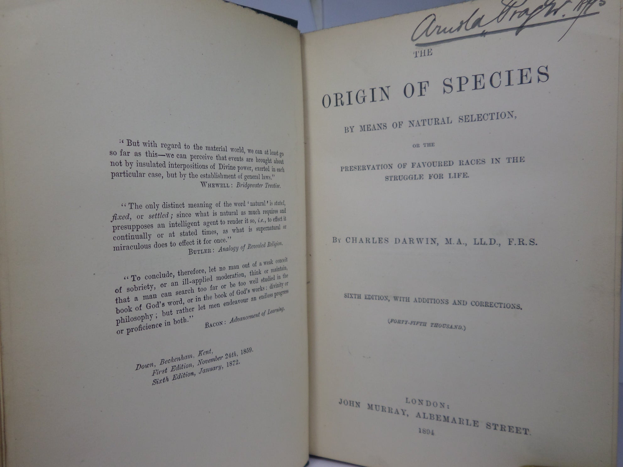 THE ORIGIN OF SPECIES BY MEANS OF NATURAL SELECTION BY CHARLES DARWIN 1894