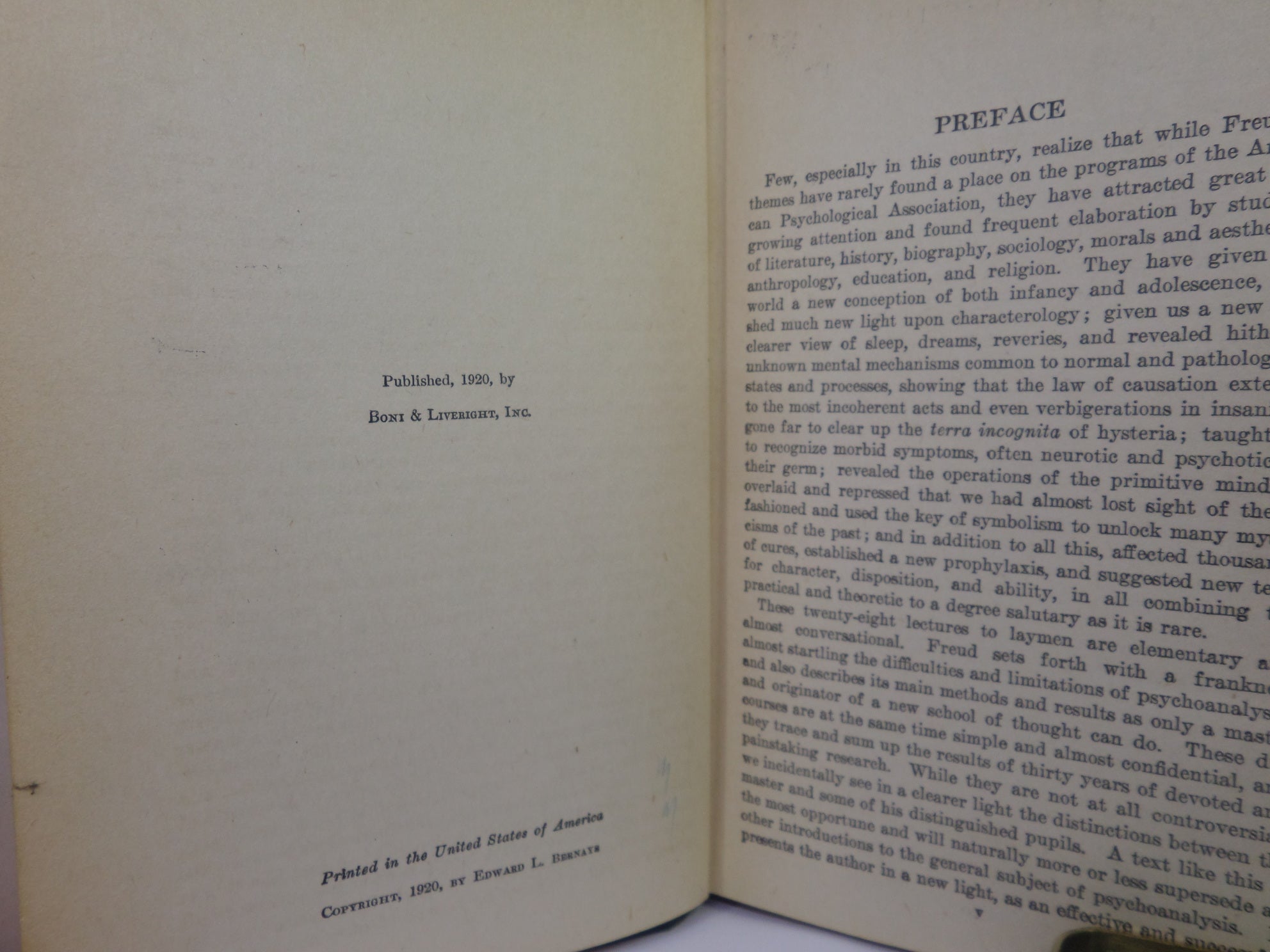 A GENERAL INTRODUCTION TO PSYCHOANALYSIS BY SIGMUND FREUD 1920 FIRST EDITION