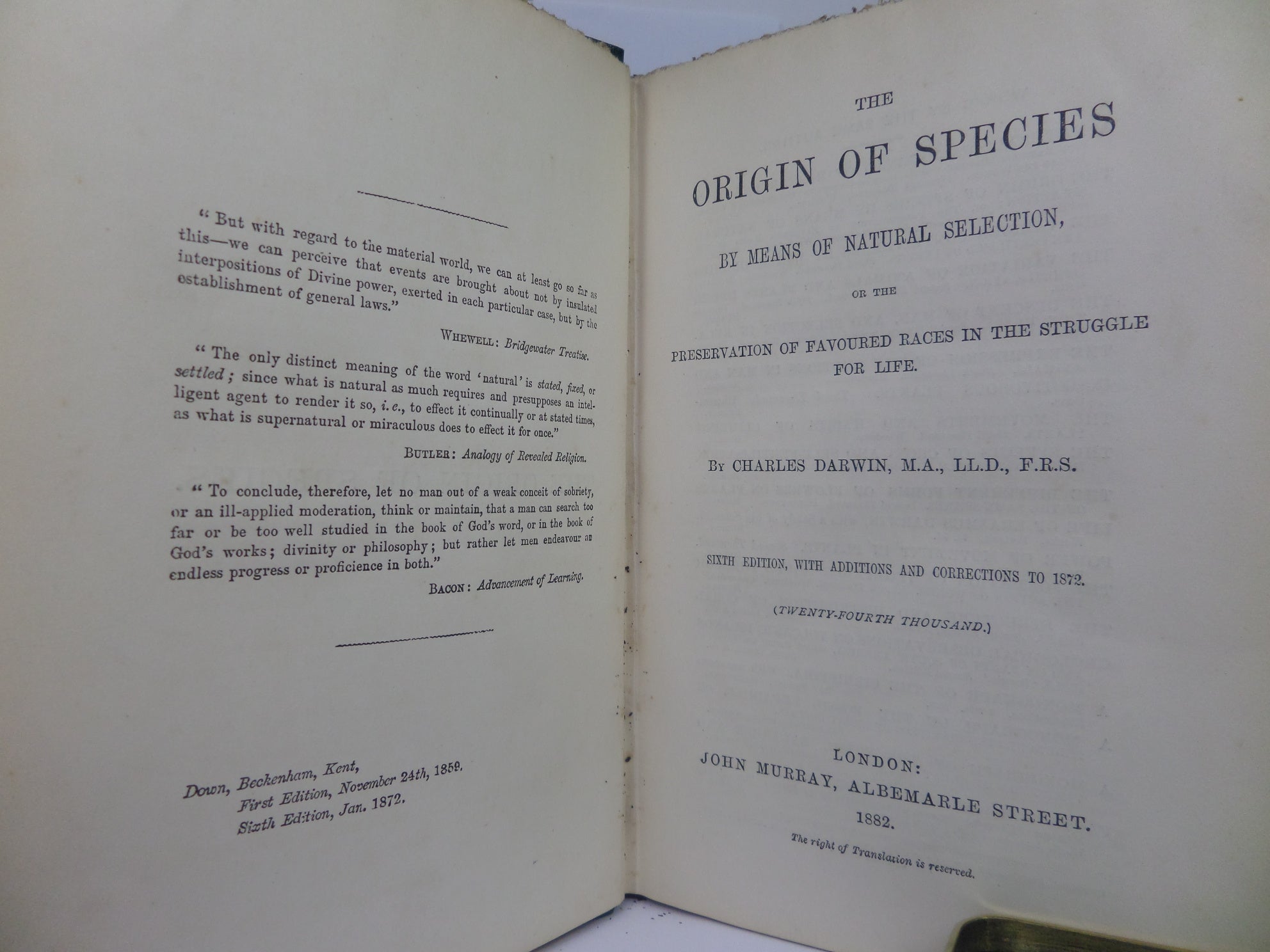 THE ORIGIN OF SPECIES BY MEANS OF NATURAL SELECTION BY CHARLES DARWIN 1882