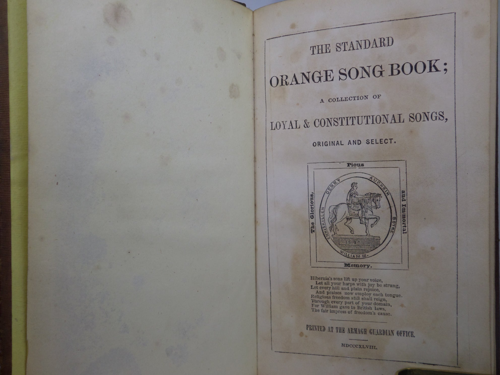 THE STANDARD ORANGE SONG BOOK: A COLLECTION OF LOYAL & CONSTITUTIONAL SONGS 1848 FIRST EDITION