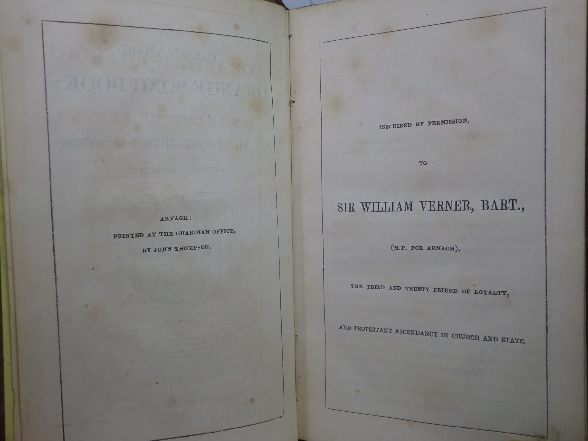 THE STANDARD ORANGE SONG BOOK: A COLLECTION OF LOYAL & CONSTITUTIONAL SONGS 1848 FIRST EDITION