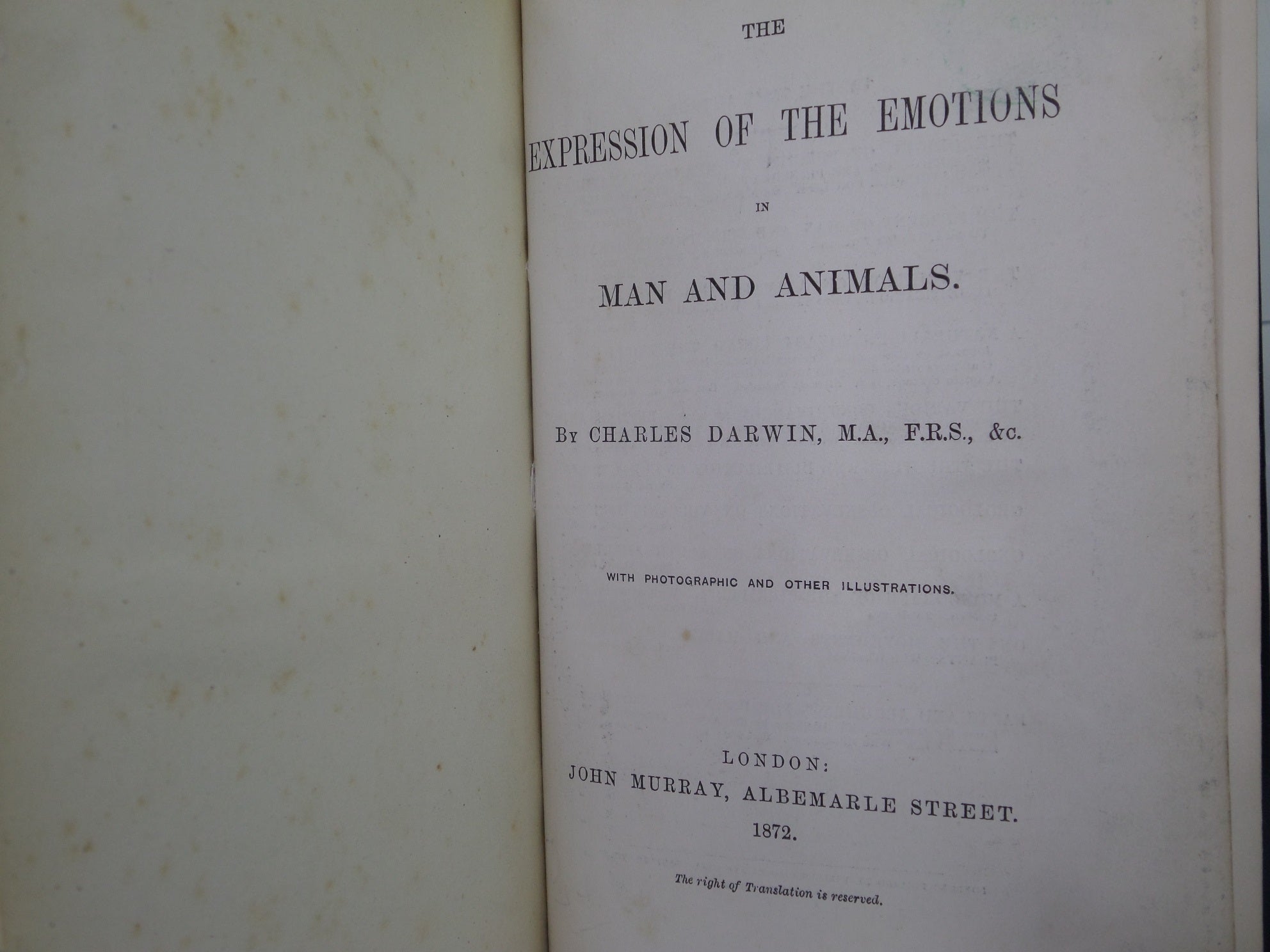 EXPRESSION OF THE EMOTIONS IN MAN AND ANIMALS 1872 CHARLES DARWIN FIRST EDITION