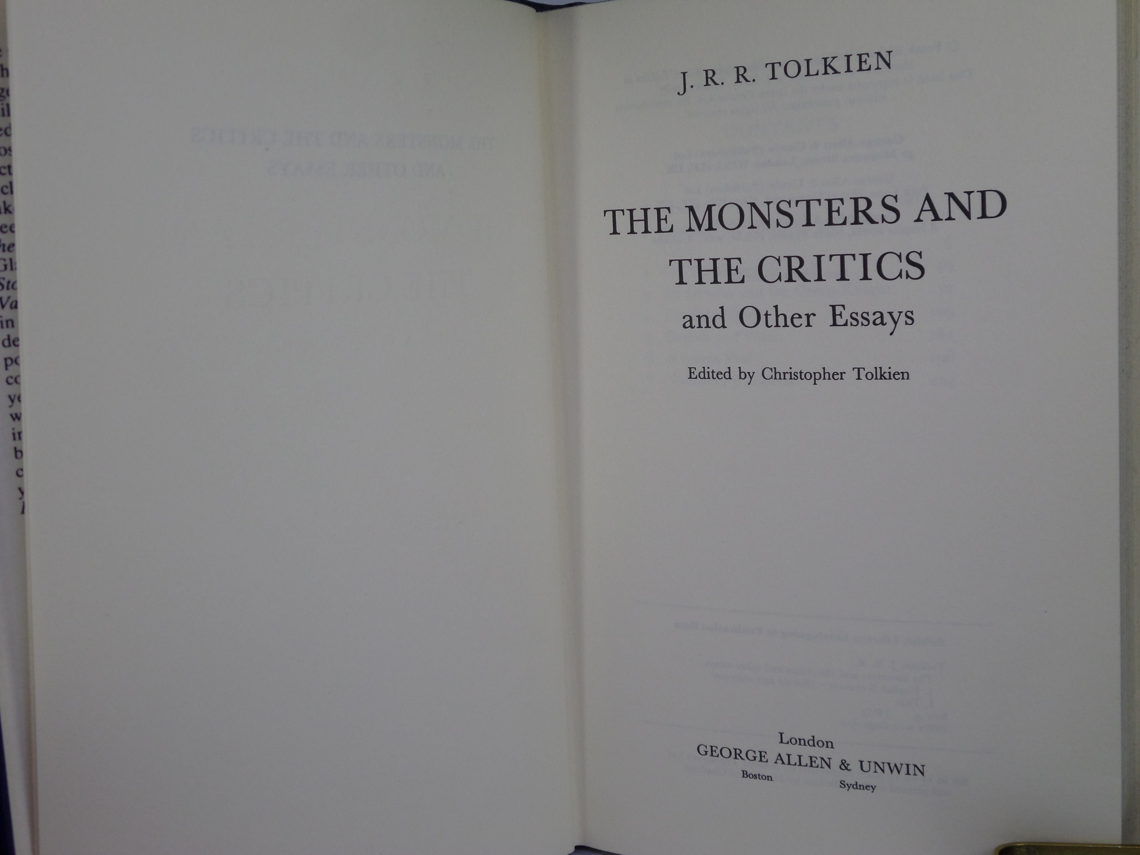 THE MONSTERS AND THE CRITICS AND OTHER ESSAYS 1983 J.R.R. TOLKIEN FIRST EDITION