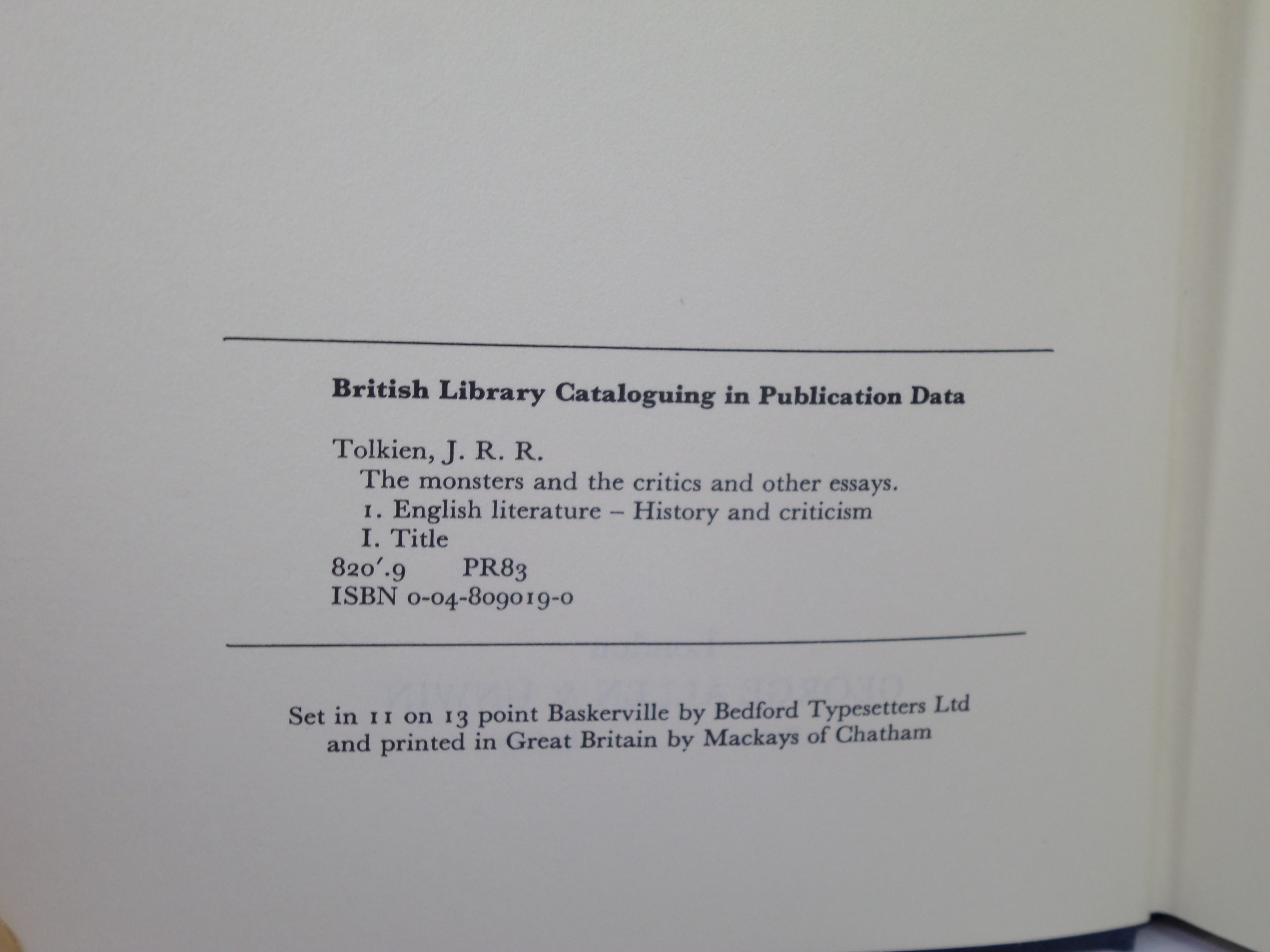 THE MONSTERS AND THE CRITICS AND OTHER ESSAYS 1983 J.R.R. TOLKIEN FIRST EDITION