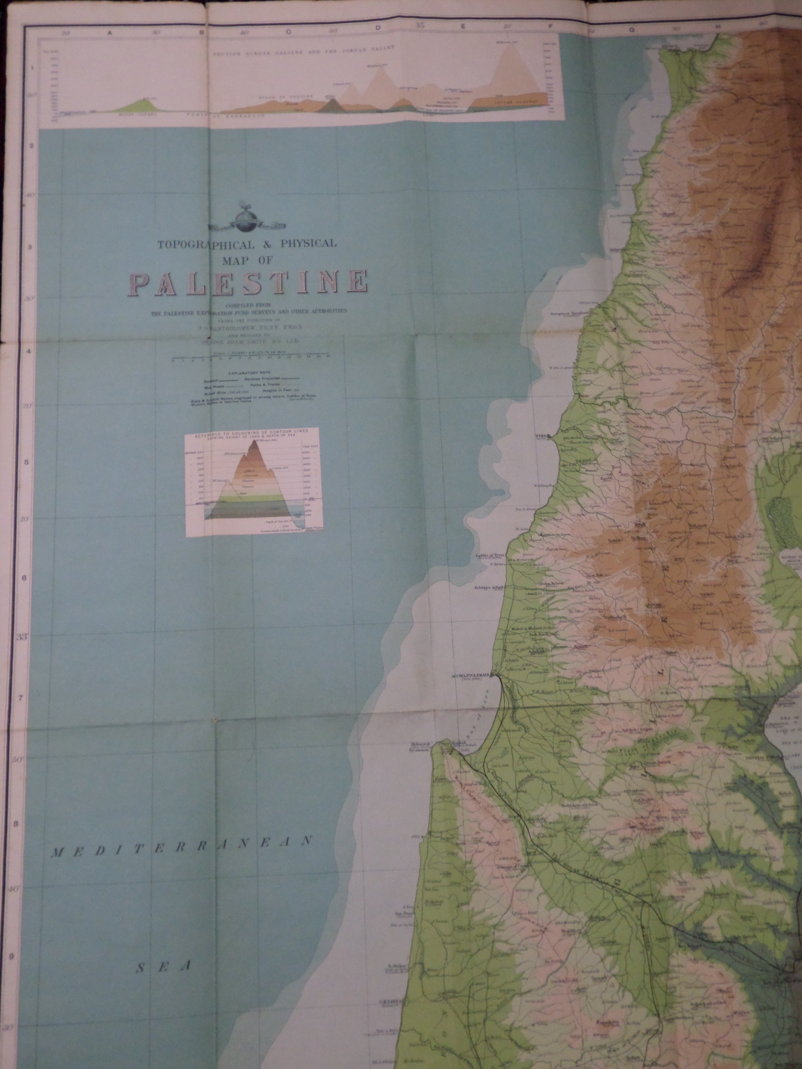 TOPOGRAPHICAL AND PHYSICAL MAP OF PALESTINE BY JOHN BARTHOLOMEW C.1900