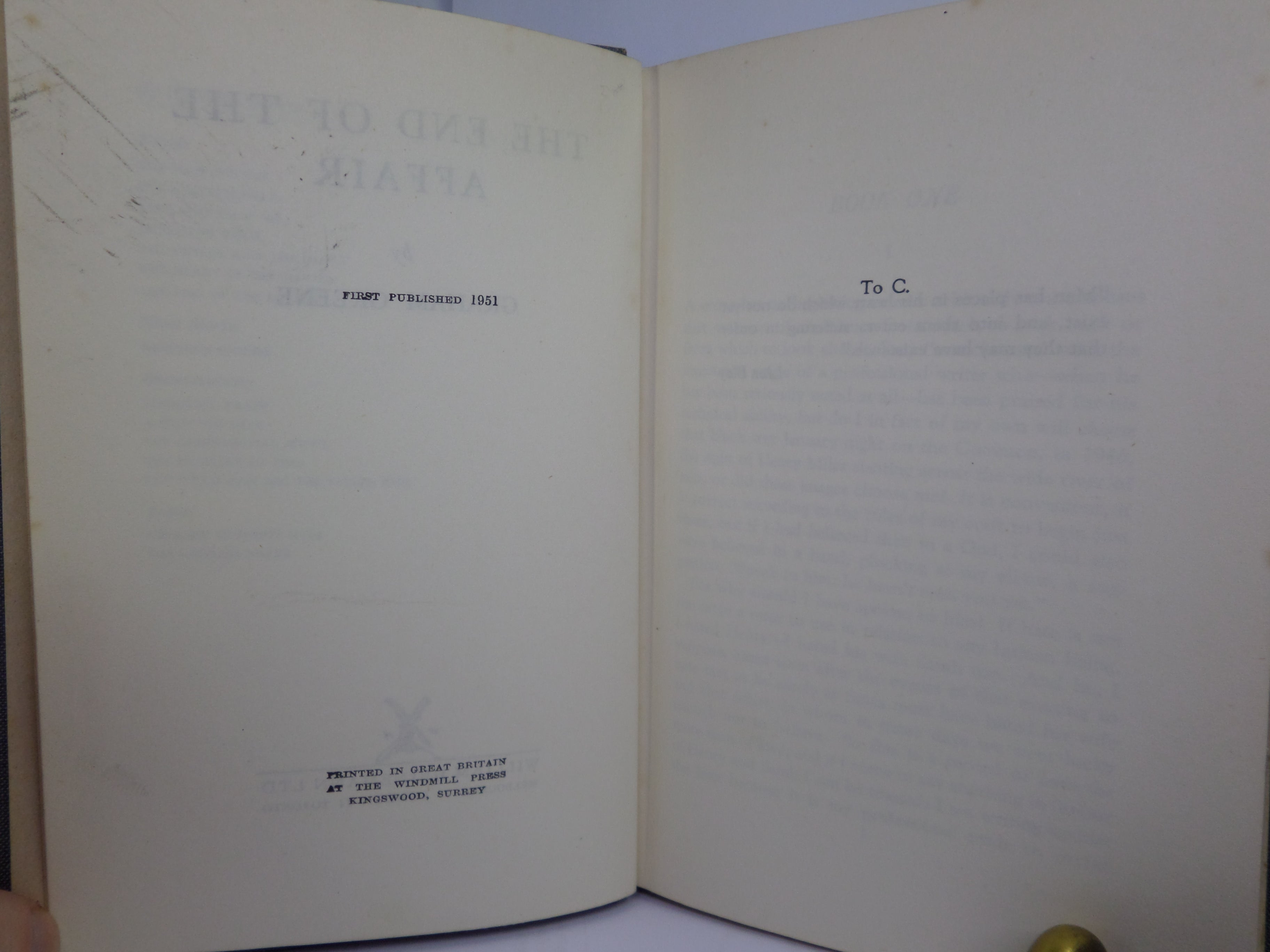 THE END OF THE AFFAIR BY GRAHAM GREENE 1951 FIRST EDITION