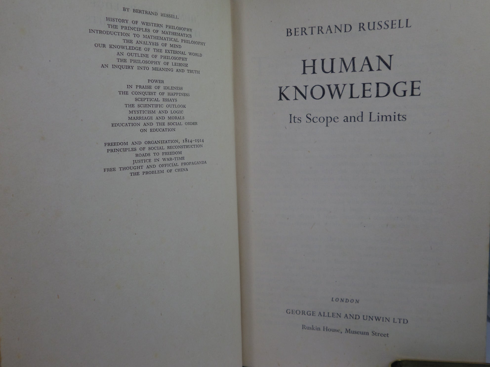 HUMAN KNOWLEDGE BY BERTRAND RUSSELL 1948 FIRST EDITION