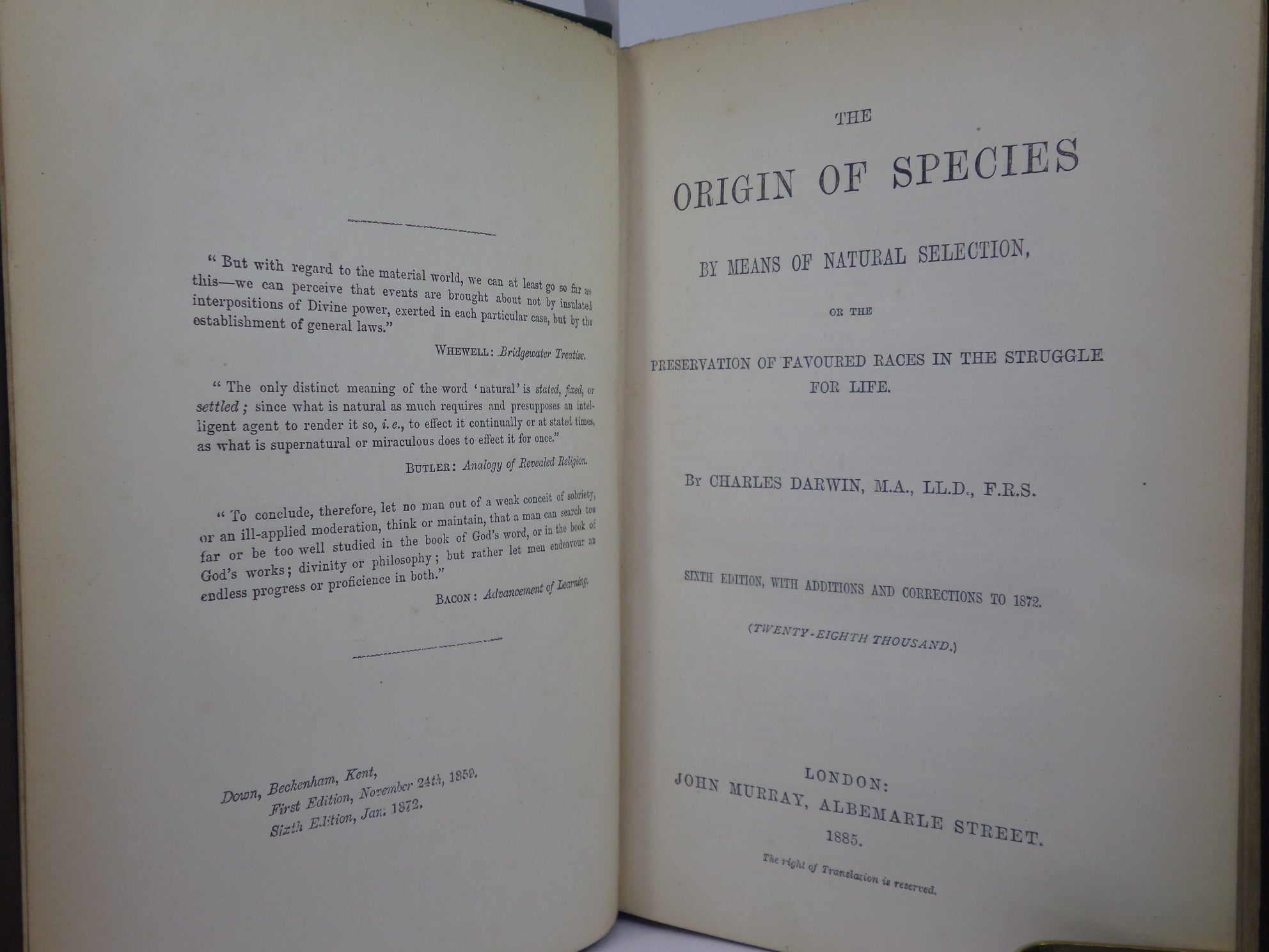THE ORIGIN OF SPECIES BY MEANS OF NATURAL SELECTION BY CHARLES DARWIN 1885