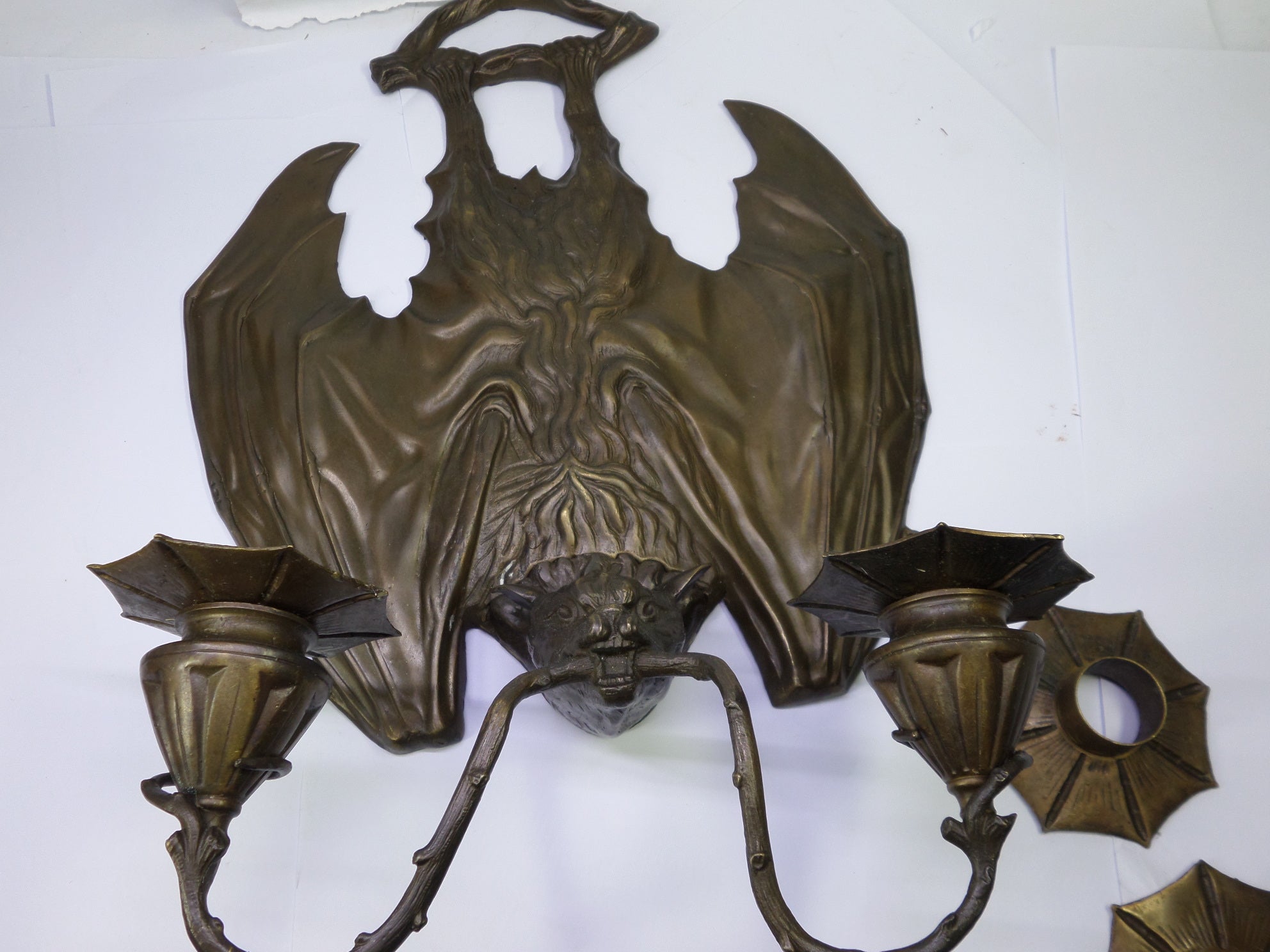 RARE SET OF THREE ANTIQUE BRONZE GOTHIC BAT WALL SCONCES