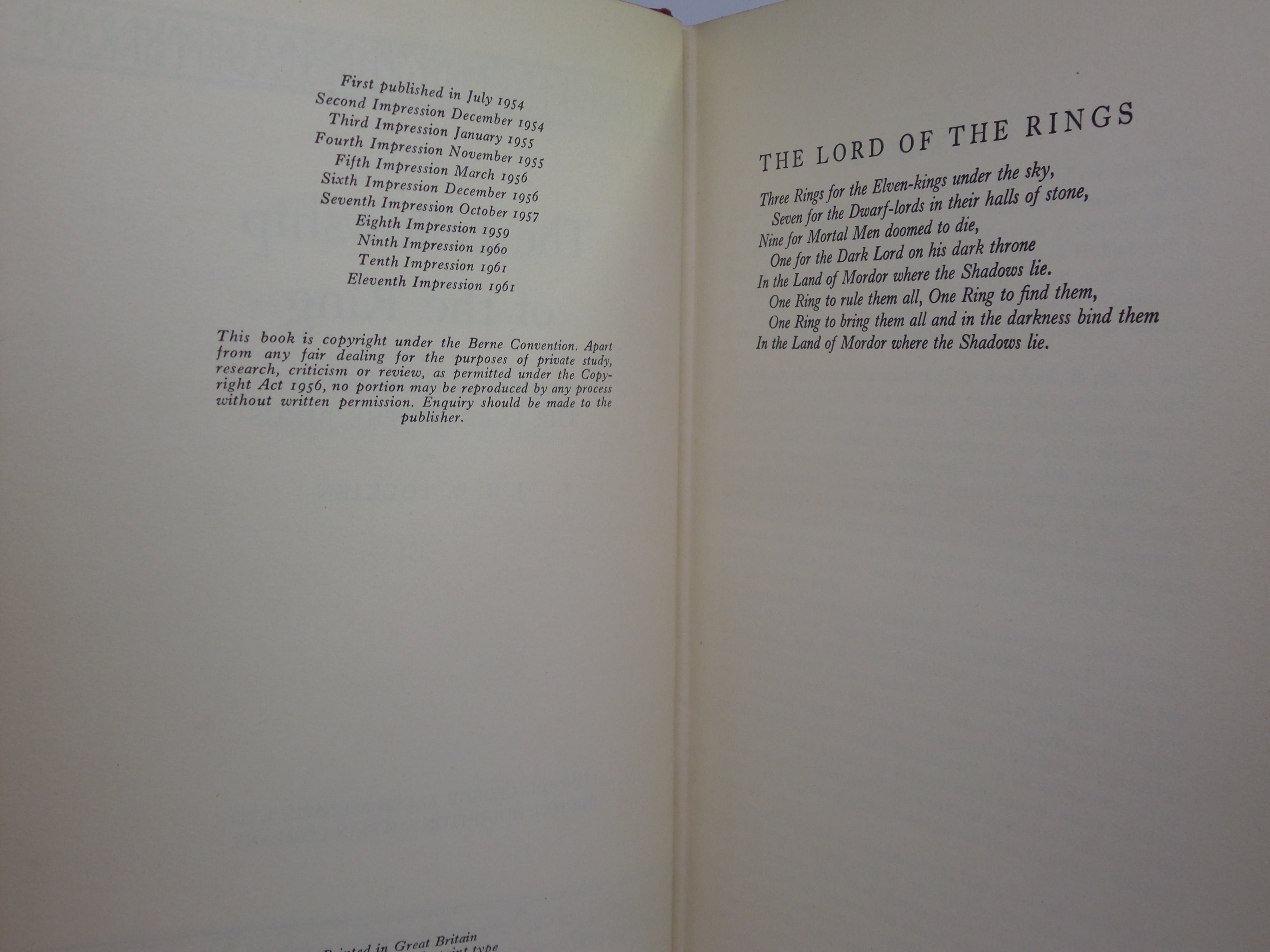 THE FELLOWSHIP OF THE RING (LORD OF THE RINGS) 1961 JRR TOLKIEN 1ST ED, 11TH IMP