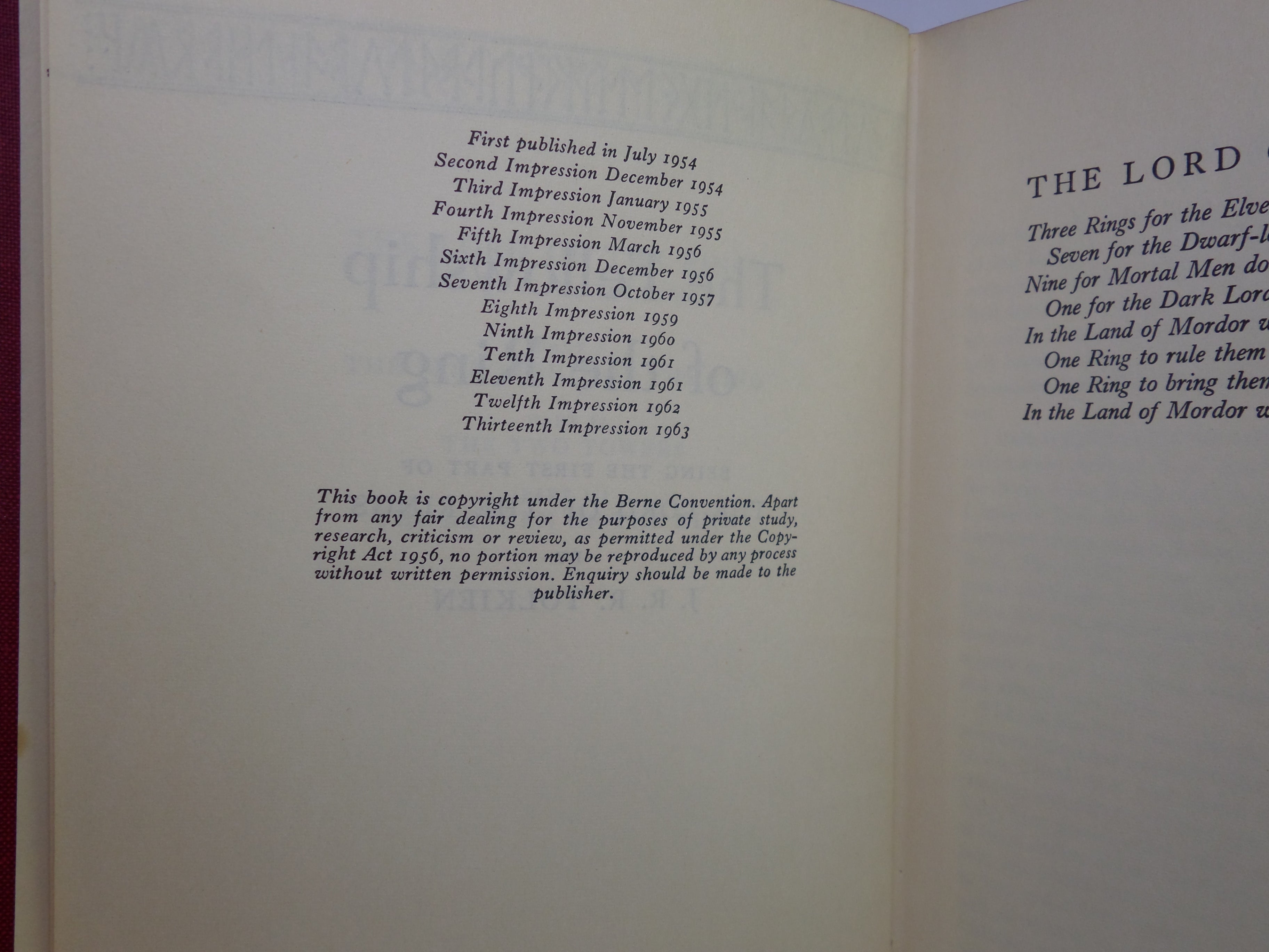 THE FELLOWSHIP OF THE RING (LORD OF THE RINGS) 1963 JRR TOLKIEN 1ST ED, 13TH IMP