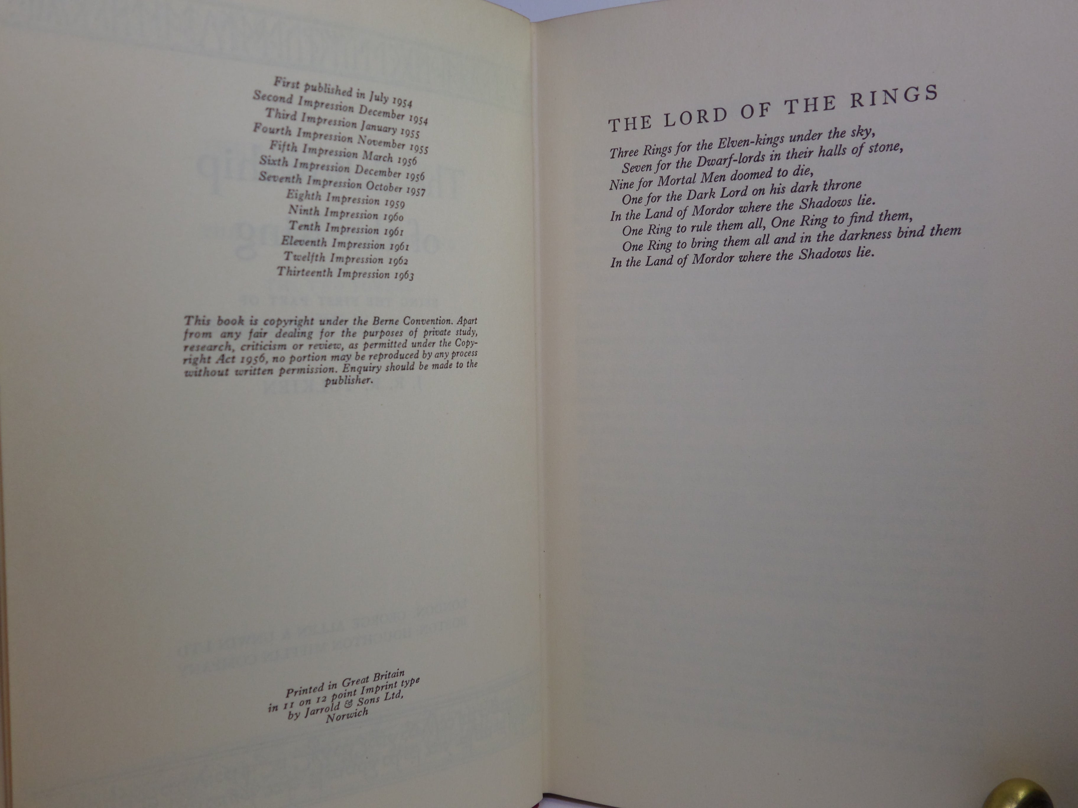 THE FELLOWSHIP OF THE RING (LORD OF THE RINGS) 1963 JRR TOLKIEN 1ST ED, 13TH IMP