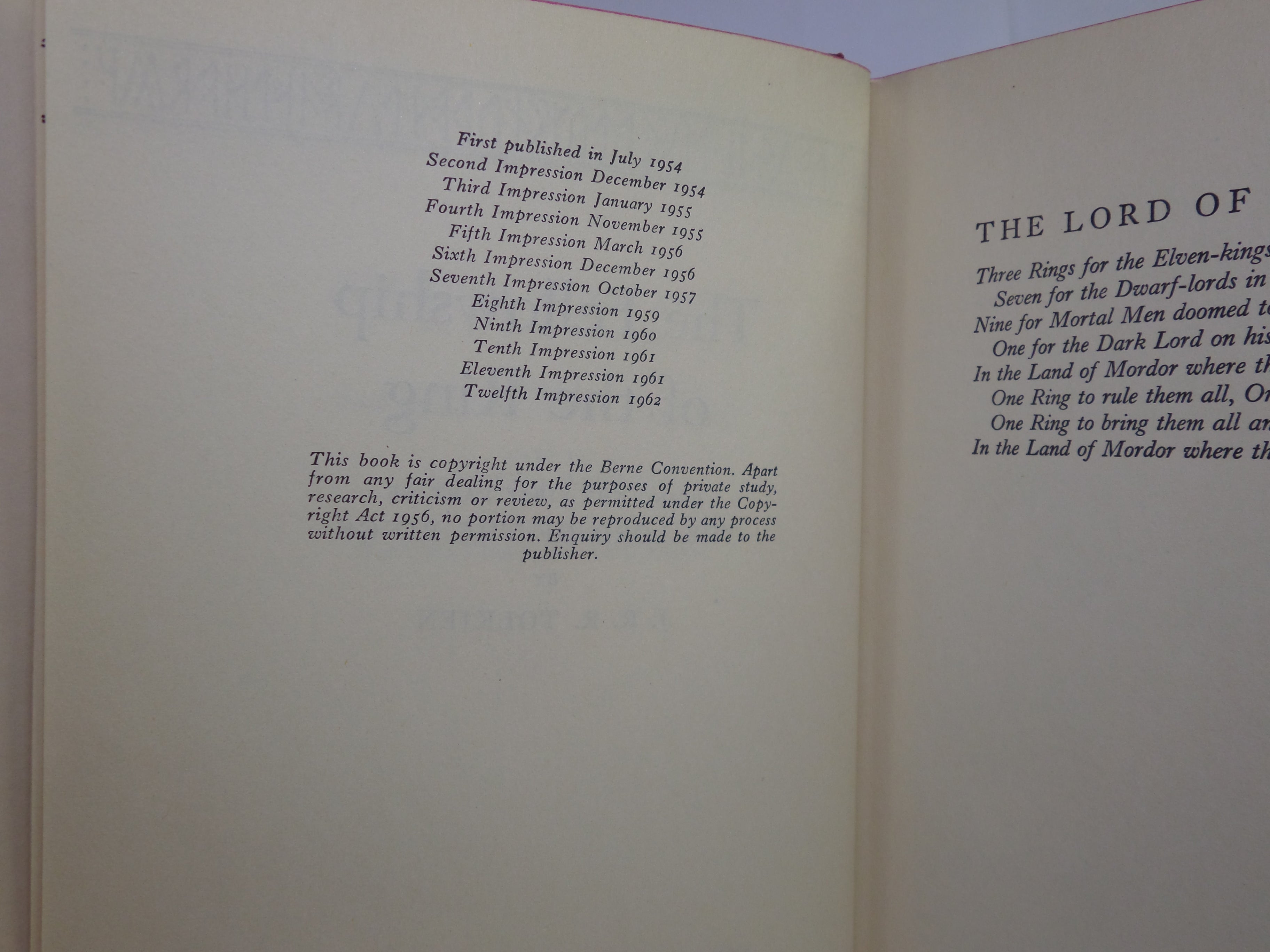 THE FELLOWSHIP OF THE RING (LORD OF THE RINGS) 1962 JRR TOLKIEN 1ST ED, 12TH IMP