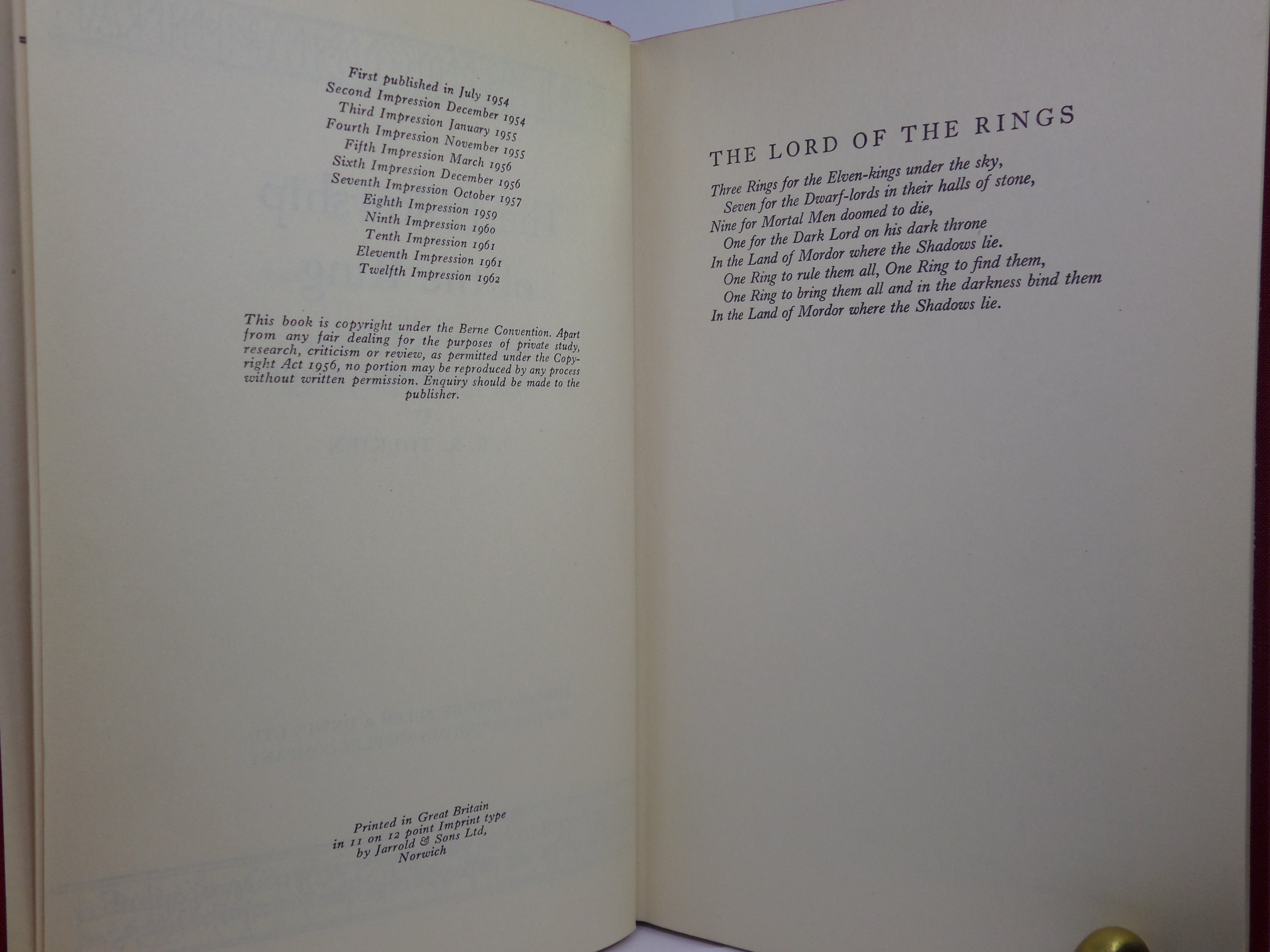THE FELLOWSHIP OF THE RING (LORD OF THE RINGS) 1962 JRR TOLKIEN 1ST ED, 12TH IMP