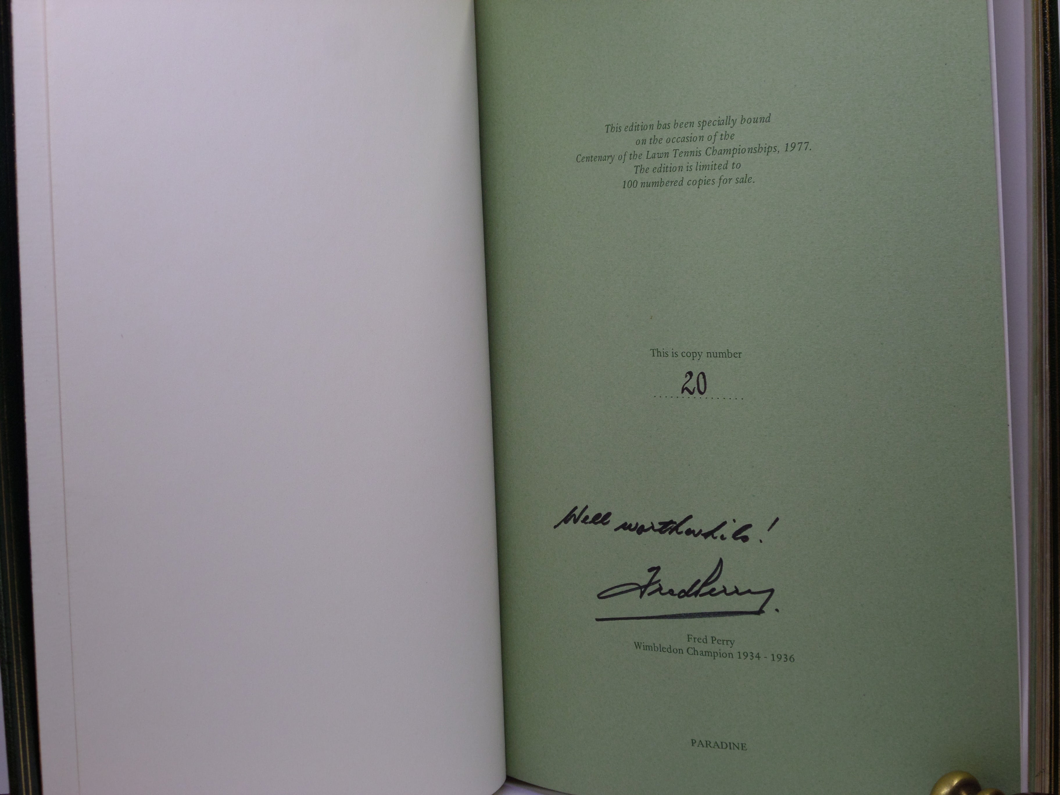 100 YEARS OF WIMBLEDON 1877 - 1977 BY LANCE TINGAY, SIGNED LIMITED EDITION